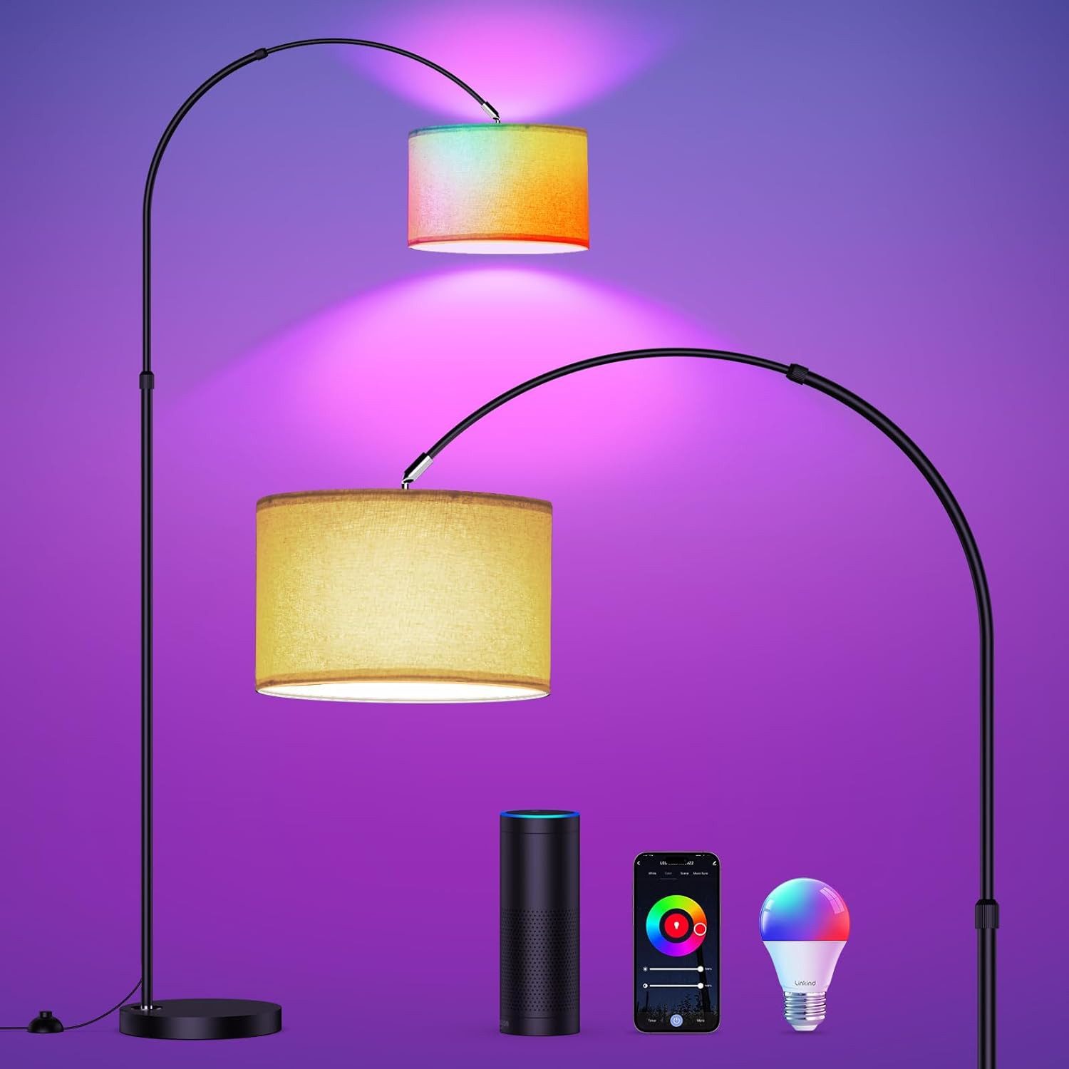 MODLICHT LED Bogenlampe RGB dimmbar, WiFi, E27, 9W, Alexa & Google Home, Intelligente Sprachsteuerung, 16 Mio. Farbwelten, Zeitschaltuhr