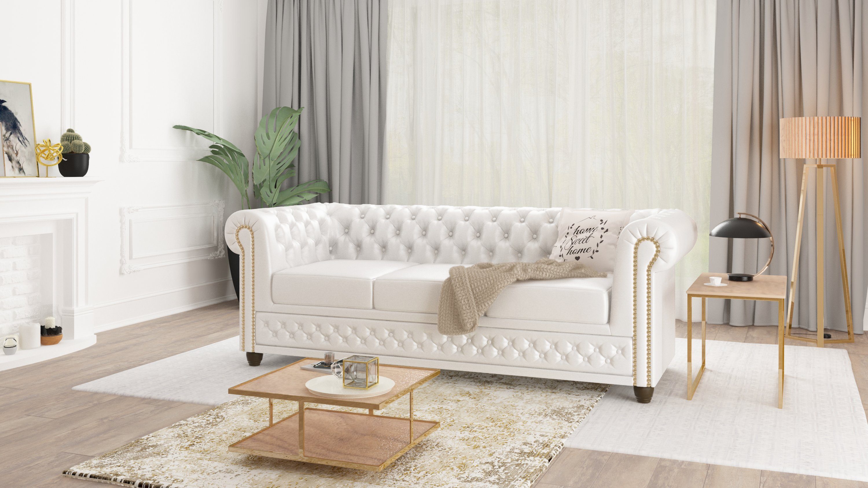 Chesterfield mit S-Style 3-Sitzer Jeff Sofa, Möbel Weiß Wellenfederung
