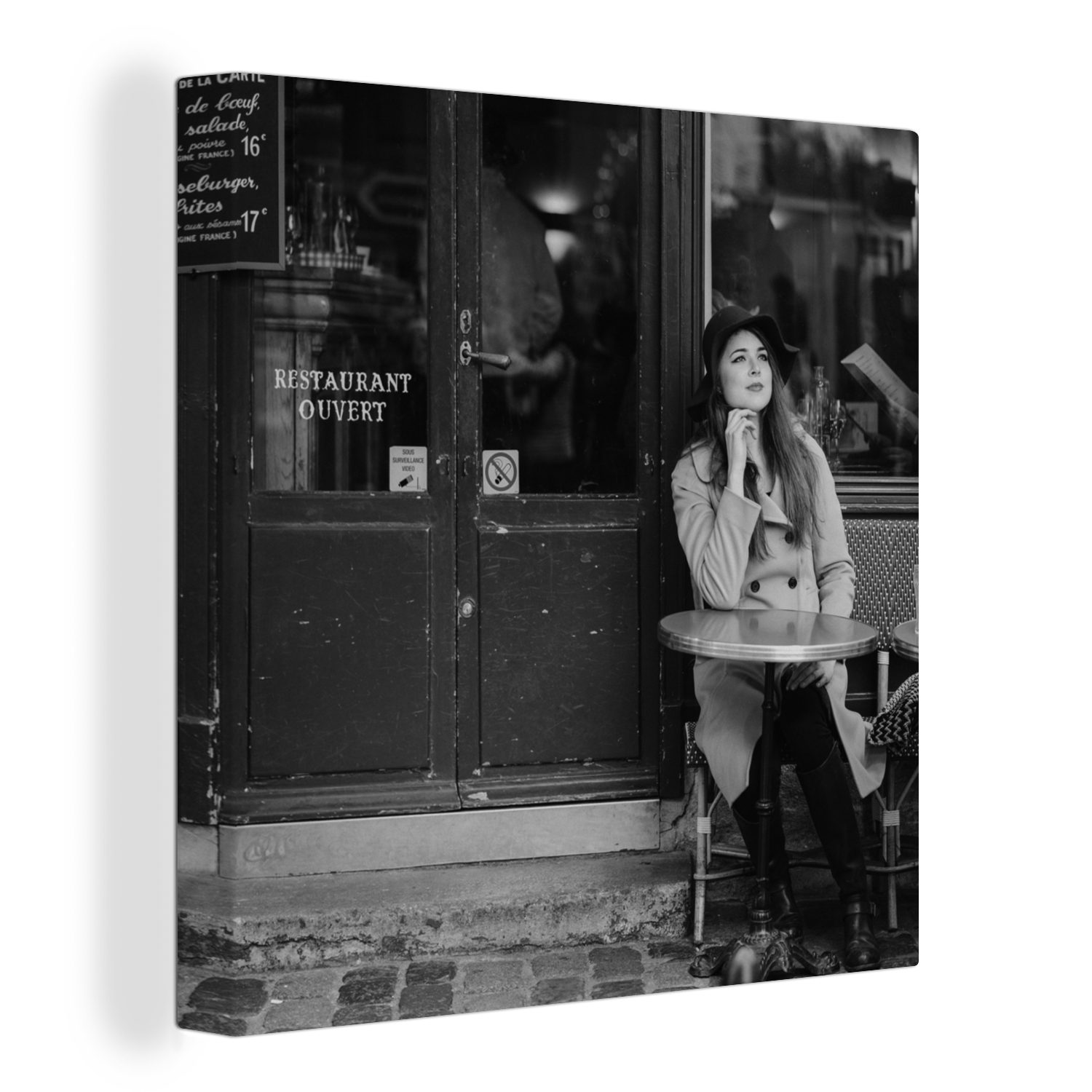 OneMillionCanvasses® Leinwandbild Frankreich - Schwarz - Weiß - Cafe, (1 St), Leinwand Bilder für Wohnzimmer Schlafzimmer