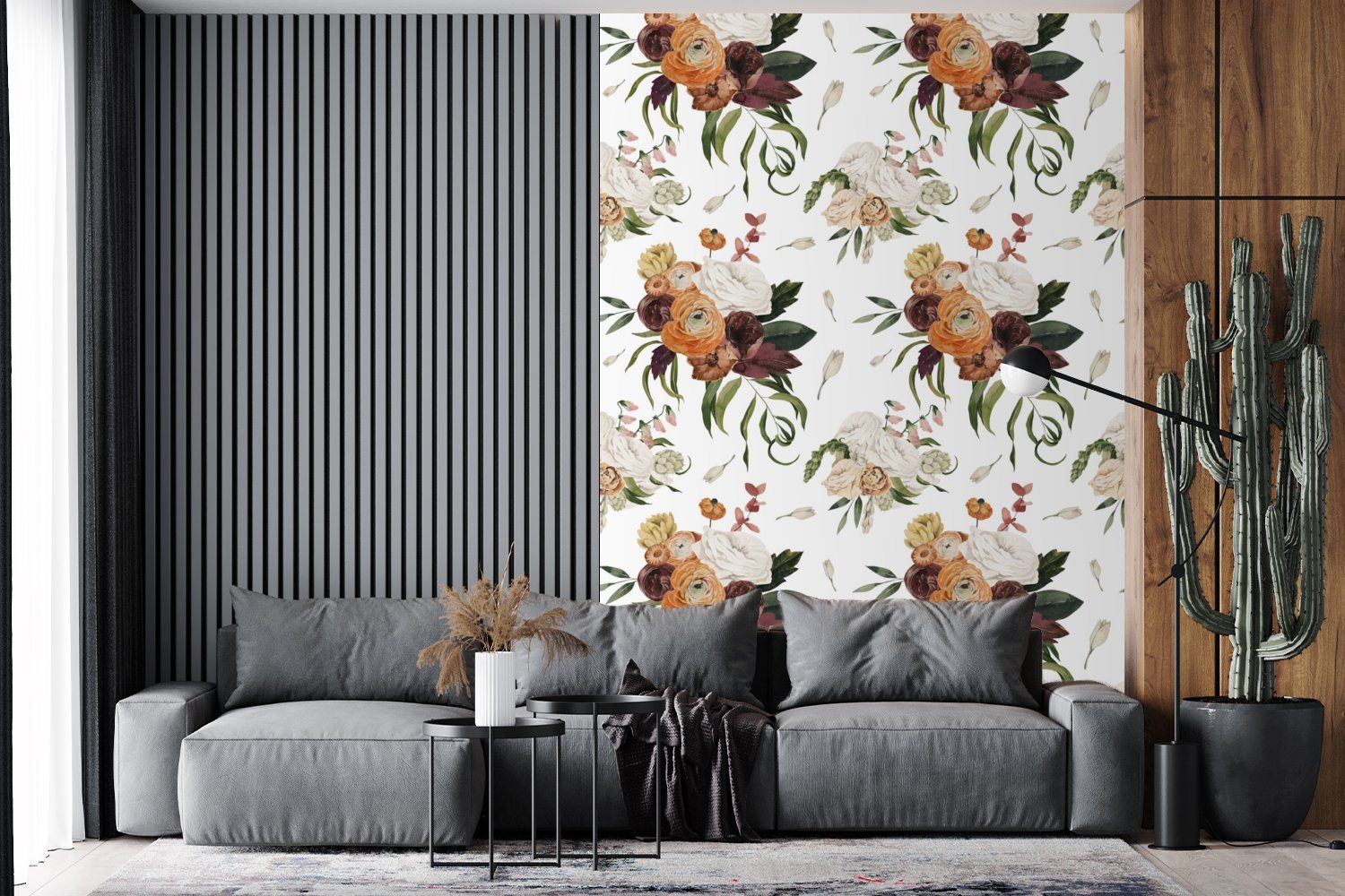 Wohnzimmer, Blumenarrangement Wandtapete (3 Montagefertig MuchoWow - für Fototapete bedruckt, Tapete Matt, Vinyl St), - Blumen Farben,