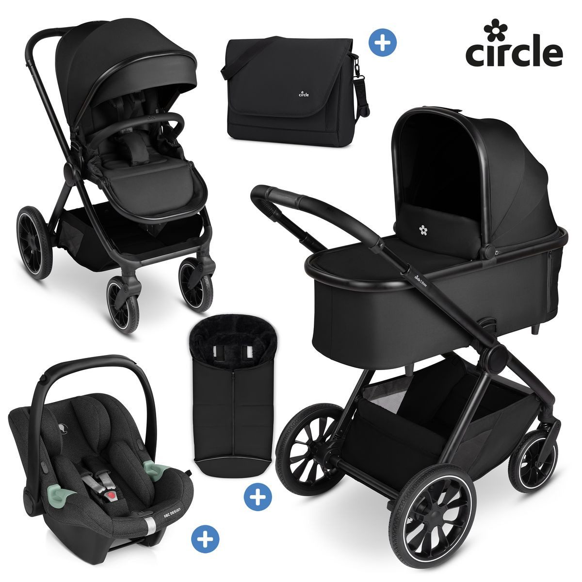 ABC Design Kombi-Kinderwagen S Three - Black, 3in1 Коляски Set mit Babywanne, Babyschale, Wickeltasche & Fußsack