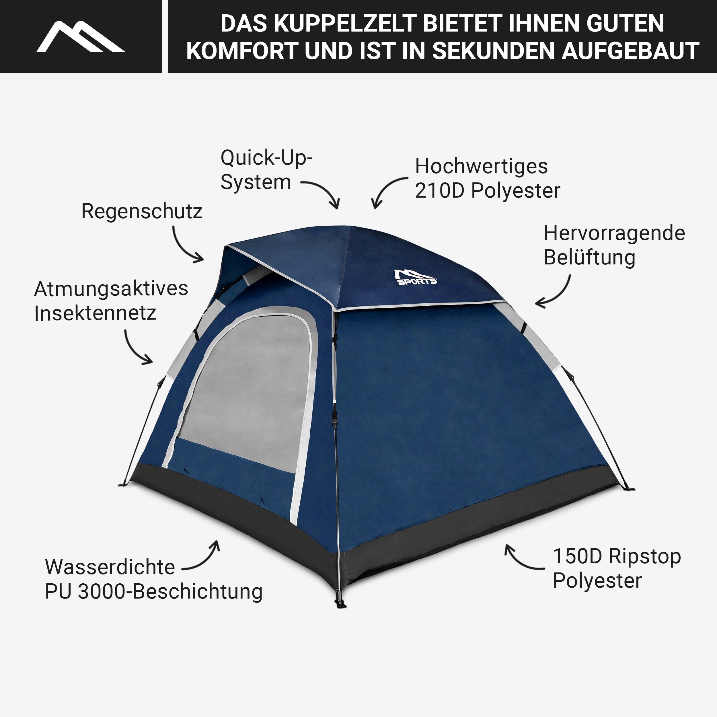 Zelt Wasserdicht Winddicht Zelt 2-3 Igluzelt Personen Würfelzelt Pop Kuppelzelt MSports® Up Königsblau Campingzelt
