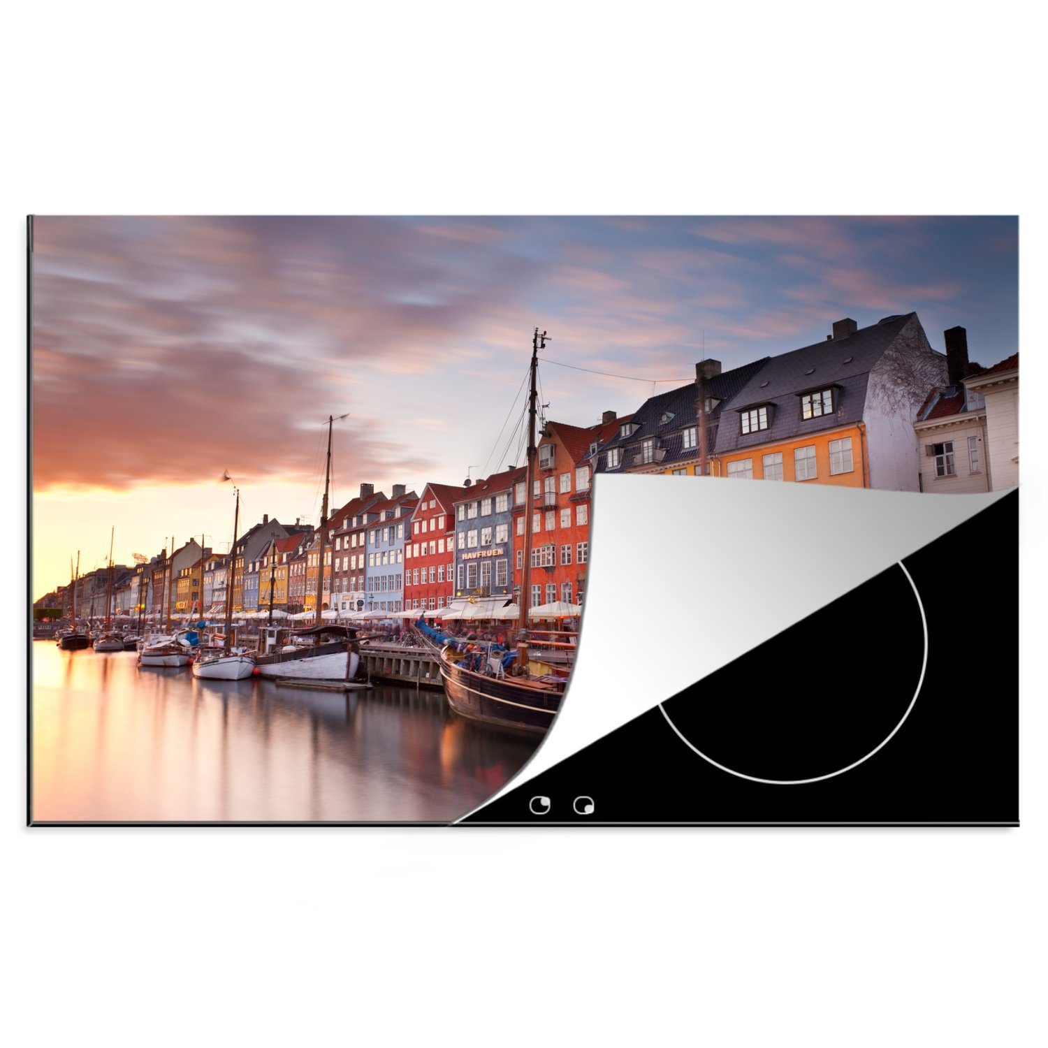 MuchoWow Herdblende-/Abdeckplatte Kopenhagen - Sonnenuntergang - Häuser, Vinyl, (1 tlg), 81x52 cm, Induktionskochfeld Schutz für die küche, Ceranfeldabdeckung