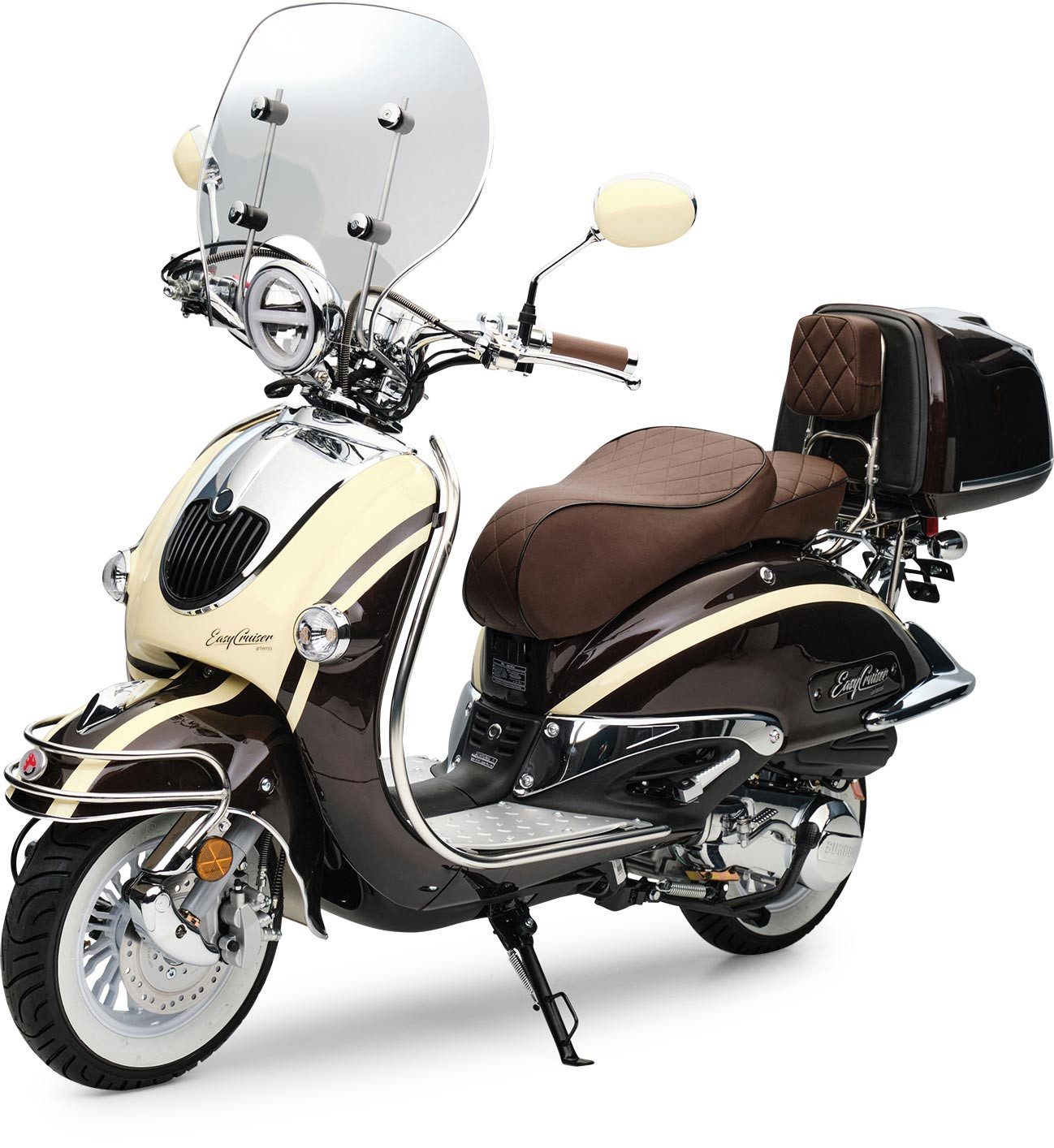 Burnout Motorroller EasyCruiser Artemis Braun Beige, 125 ccm, 85 km/h, Euro 5, LED Beleuchtung, Digitales Tacho, Retro, mit Windschild & Topcase, USB