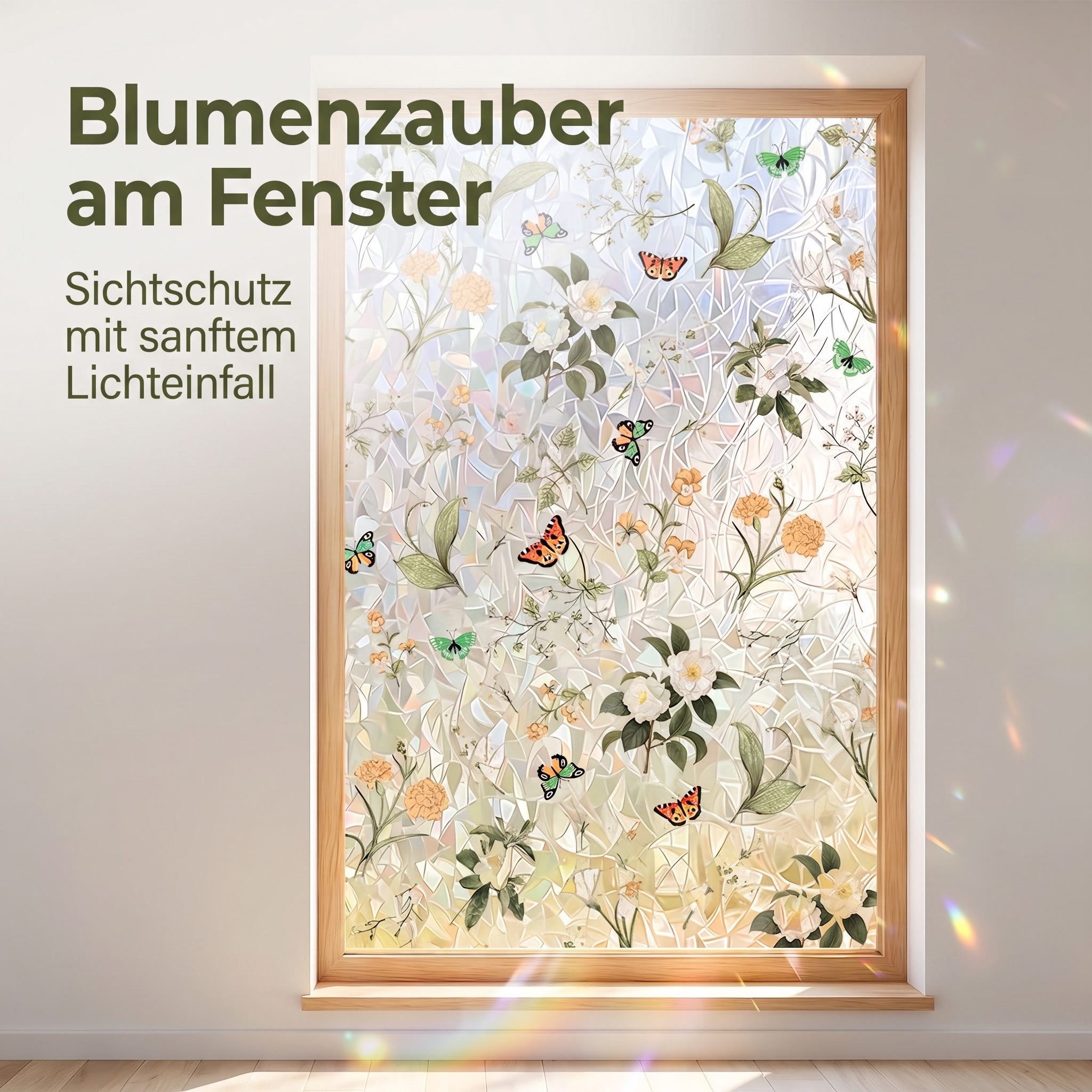 HomeBella Fensterfolie Buntglasoptik mit Blumen & Schmetterlingen, Dekorative Glasdekorfolie mit Blättermuster für Fenster & Glastüren – Bild 3 von 5