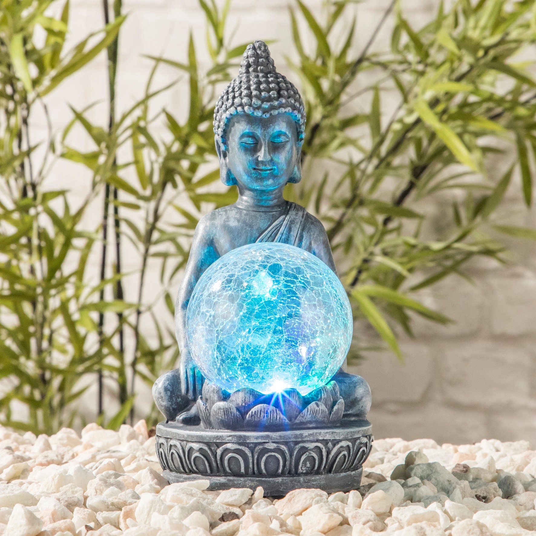 GartenHero LED Gartenleuchte Buddha Figur Gartenfigur LED Solar Steinfigur Solarlampe Dekofigur, LED fest integriert, Farbwechsler