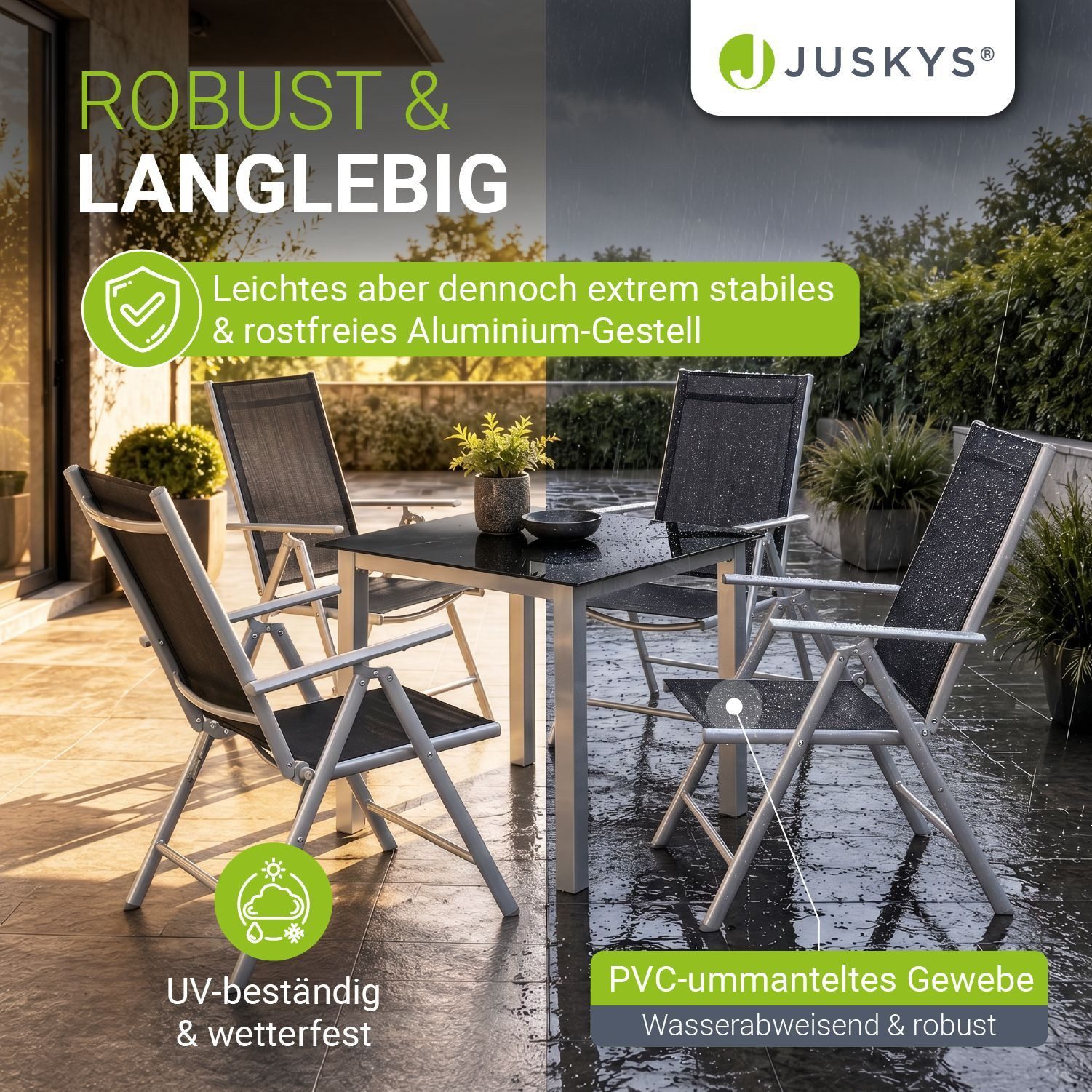 Juskys Garten-Essgruppe Milano, (5-tlg), 4 Gartenstühlen plus Tisch - Stühle klappbar und verstellbar