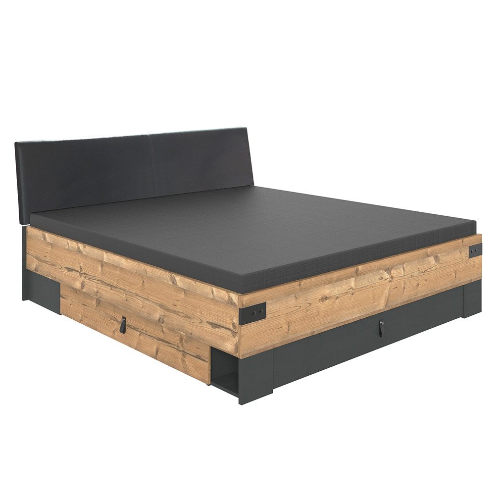 Lomadox Bettgestell SUNDERLAND-43, Fichte graphit Kopfteil Kunstleder Bettkästen Liegefläche 180x200cm