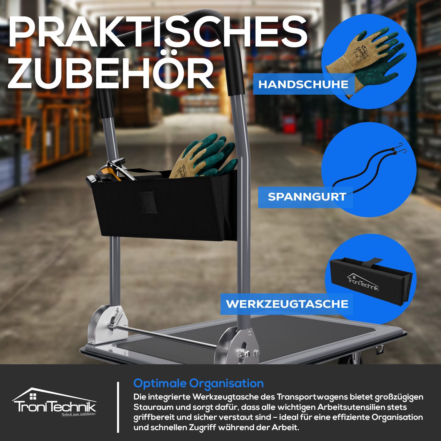 TroniTechnik Transportroller Transportwagen Plattformwagen klappbar, (zusätzliche Aufbewahrungstasche, inkl. Handschuhe und Spanngurt), 150 kg Tragkraft mit Antirutschbeschichtung, Ladefläche 72x48 cm