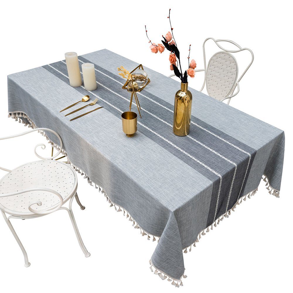 FELIXLEO Tischdecke Tischdecke Einfache Streifen Quaste Tischdecke(Grau 140x220cm)