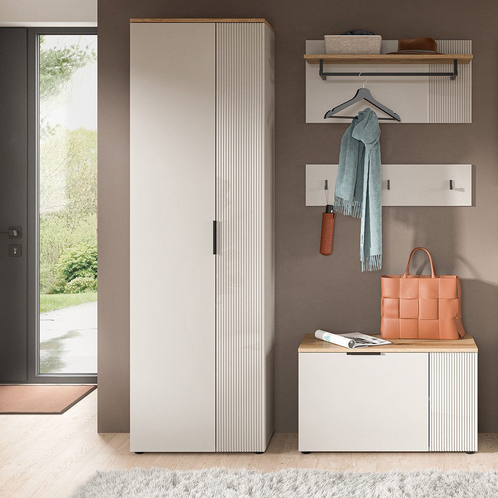 Lomadox Garderoben-Set SIMNAS-158, (Spar-Set, 4-St., Garderobenschrank Garderobenpaneel (2-teilig) Schuhbank), in Kaschmir & Eiche, gerillte Front