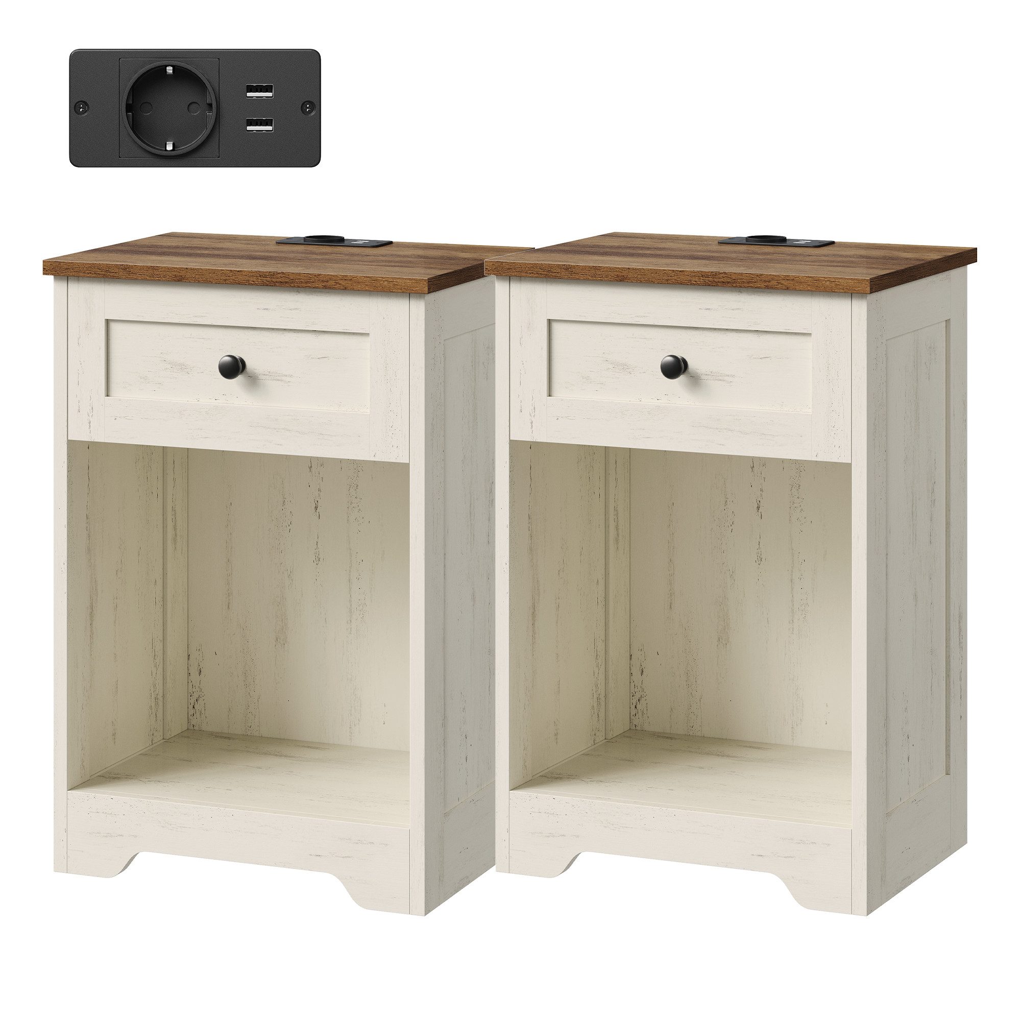 VASAGLE Nachttisch Beistelltisch aus Holzspanplatte, Landhausstil für Schlafzimmer, 2er Set mit Steckdose, USB-Anschlüssen und Schublade, 40 x 30 x 59 cm
