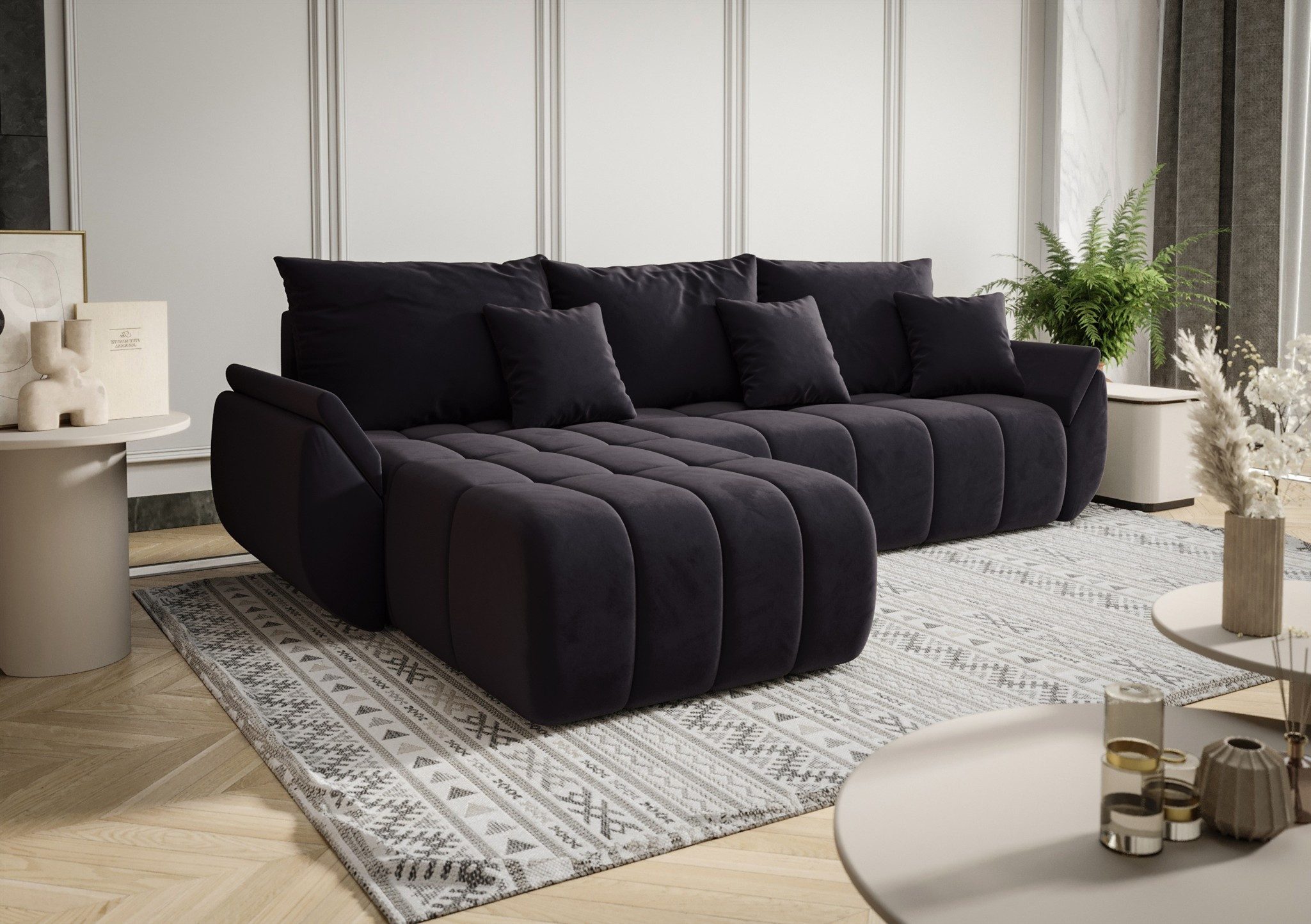 Fun Möbel Ecksofa Schlafsofa Sofa Louise in Stoff Monolith, Ottomane Links oder Rechts, Rundumbezug und ausziehbare Liegefläche