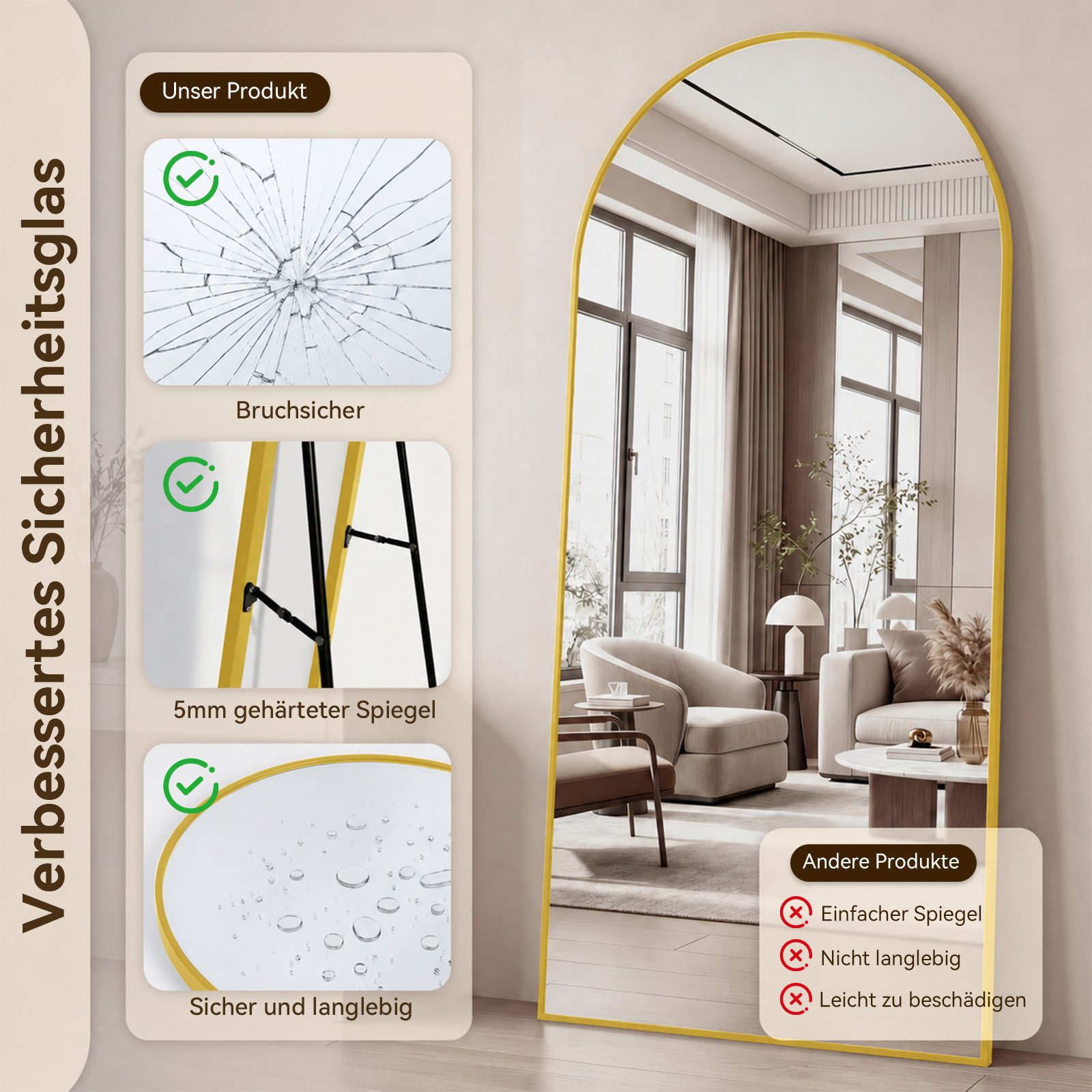 Teravin Ganzkörperspiegel,Standspiegel & Wandspiegel Bruchsicher mit Aluminium Rahmen, Hartglas, 171x76cm/180x75cm Großer Spiegel für Schlafzimmer, Bogen Design
