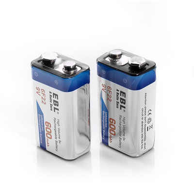EBL 2 Stück 9V Block Batterien Akku 600mAh Wiederaufladbare Batterie Akku (9 V)