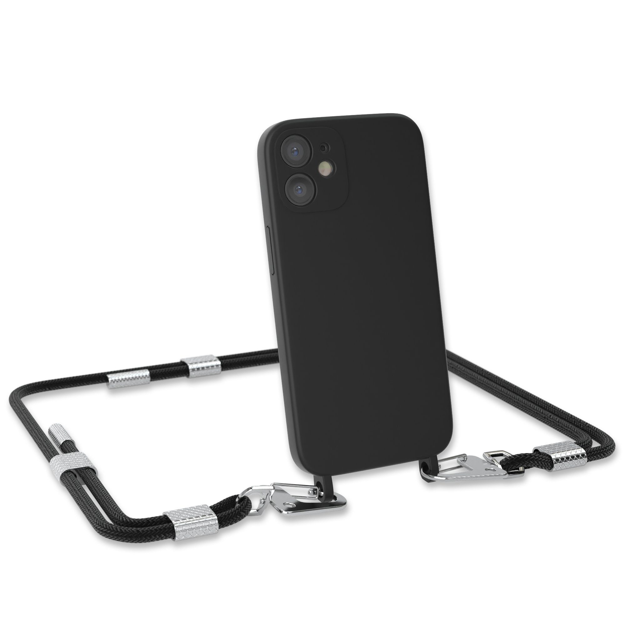 EAZY CASE Handykette Carabiner Chain für Apple iPhone 12 Mini 5,4 Zoll, Ketten Hülle Cross Bag Case Kettenhülle abnehmbare Kordel in Schwarz