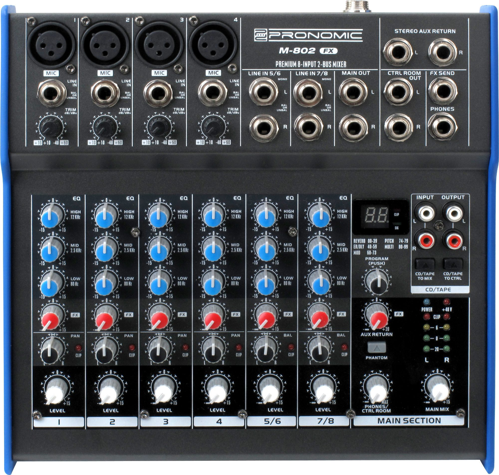 Pronomic Mischpult M-802FX 8-Kanal-Mischpult mit Effektprozessor, mit digitalem 24bit Multieffektprozessor