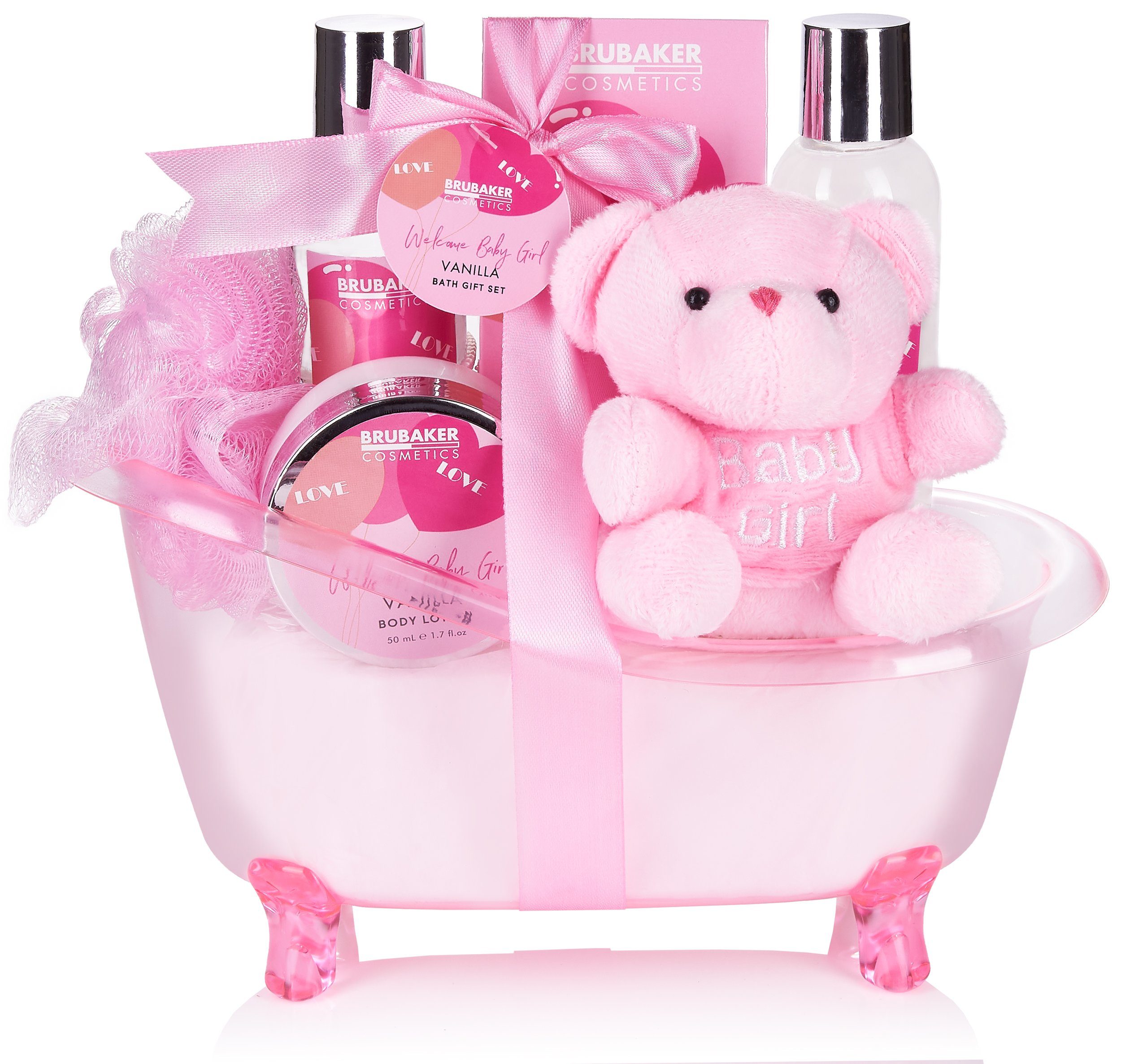 BRUBAKER Babypflege-Set Baby Geschenkset mit Teddy Kuscheltier in Deko Badewanne, 7 tlg., Set für Jungen und Mädchen - Baby Pflegeset Geschenk zur Geburt