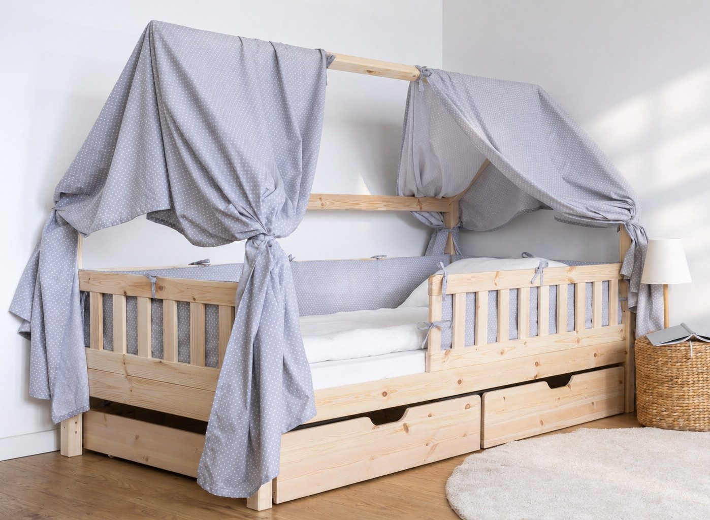 Loolay Bettnestchen Bettumrandung für Bodenbett & Hausbett 80x160 90x200 120x200 cm, (als Umrandung einzeln oder im Set mit passendem Betthimmel erhältlich, für Kinder- Jugendbetten flexibel befestigt, passend fürs Kinderzimmer), LOOLAY Kleinserien aus europäischer Fertigung & Stoffen!