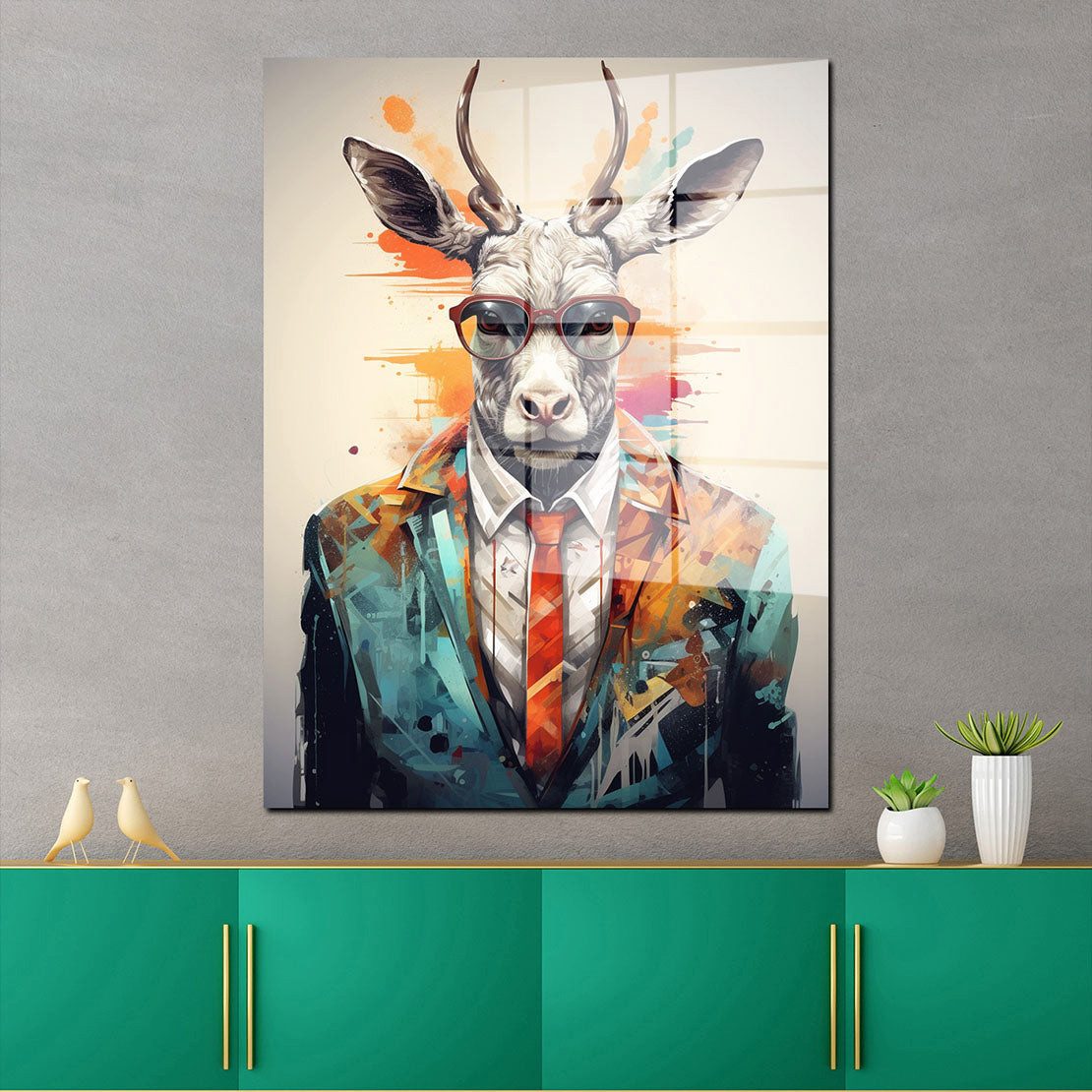 Artedinoi Acrylglasbild Pop Art Hirsch im Anzug und Brille Acrylglas Wandbild Bild Wanddeko Wo
