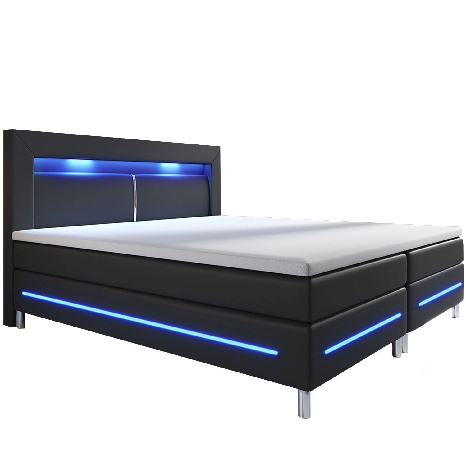 und schwarz Federkernmatratze, LED-Beleuchtung mit Norfolk, Boxspringbett Bett cm, Juskys Topper, 200 Kopfteil x 140