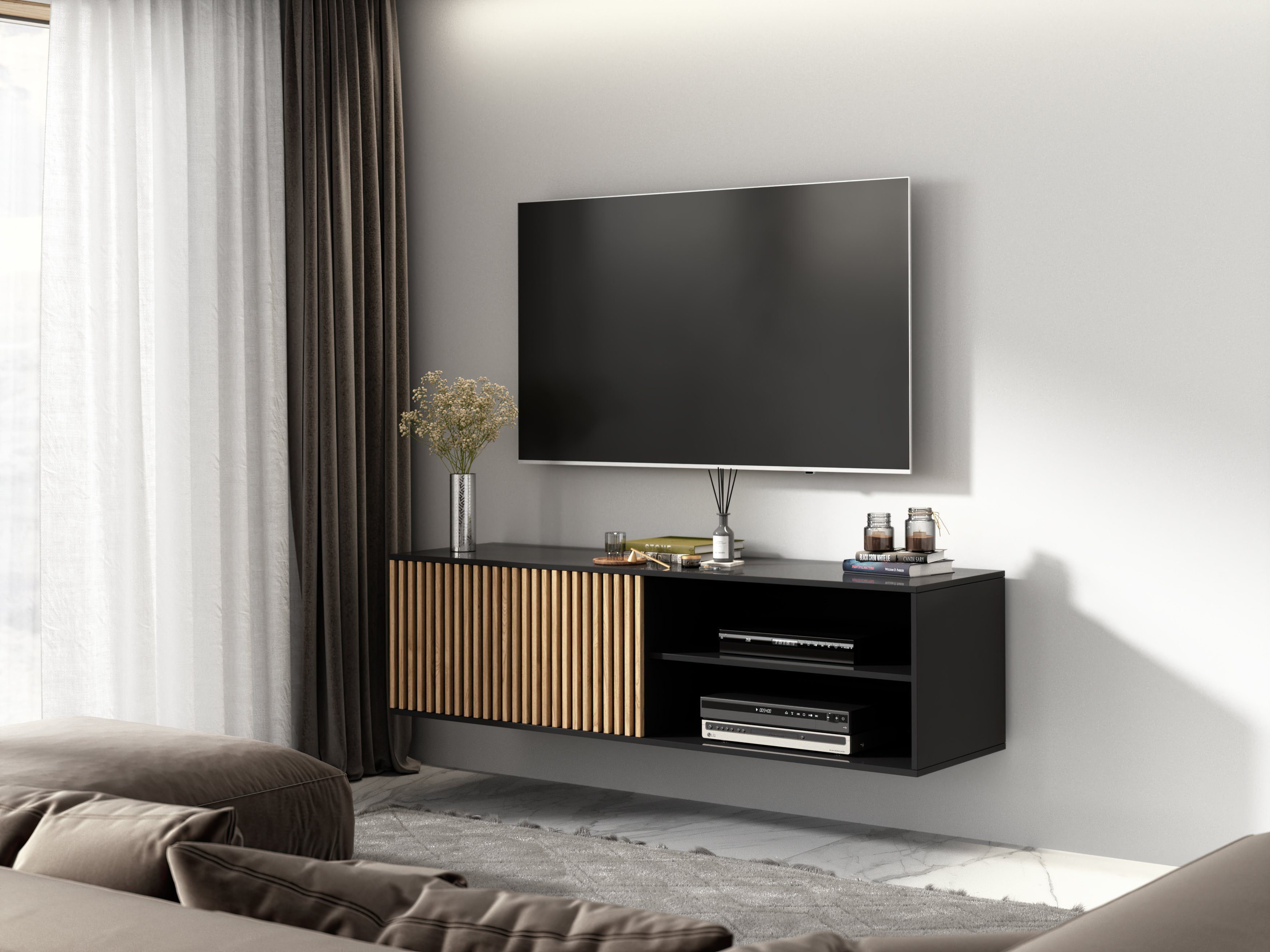 MOEBLO TV-Board Meteor (Hängend Lowboard Fernsehtisch TV Bank TV Tisch Fernseher Tisch TV Möbel, wandmontierter Artisan + Schwarz), (HxTxB):40x40x150 cm