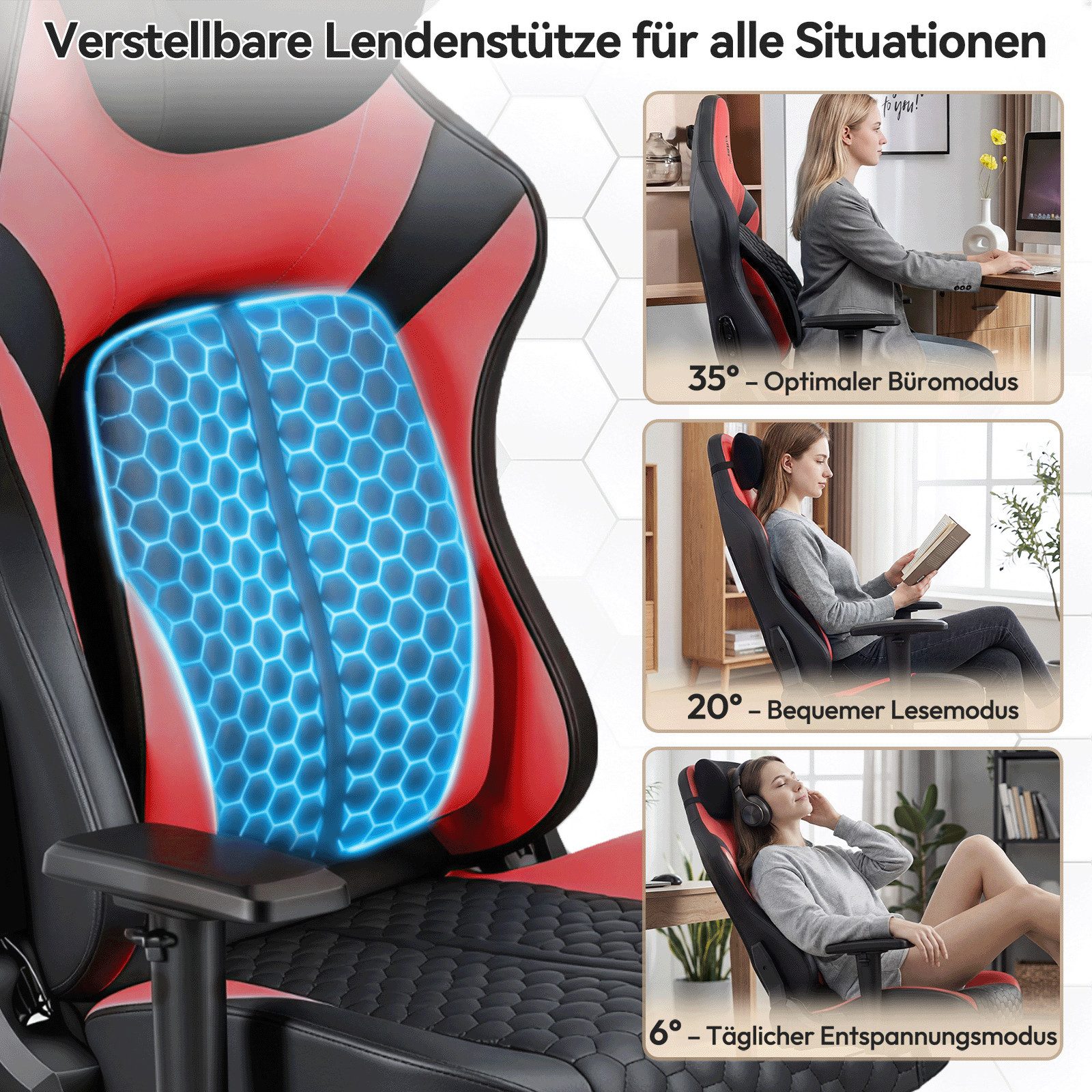 HOMALL Gaming-Stuhl gaming stuhl,mit verstellbarer Lendenstütze 6°-35°, 2D-Armlehnen,Rückenlehne 90°-135° verstellbar,150kg Belastbarkeit – Bild 2 von 5