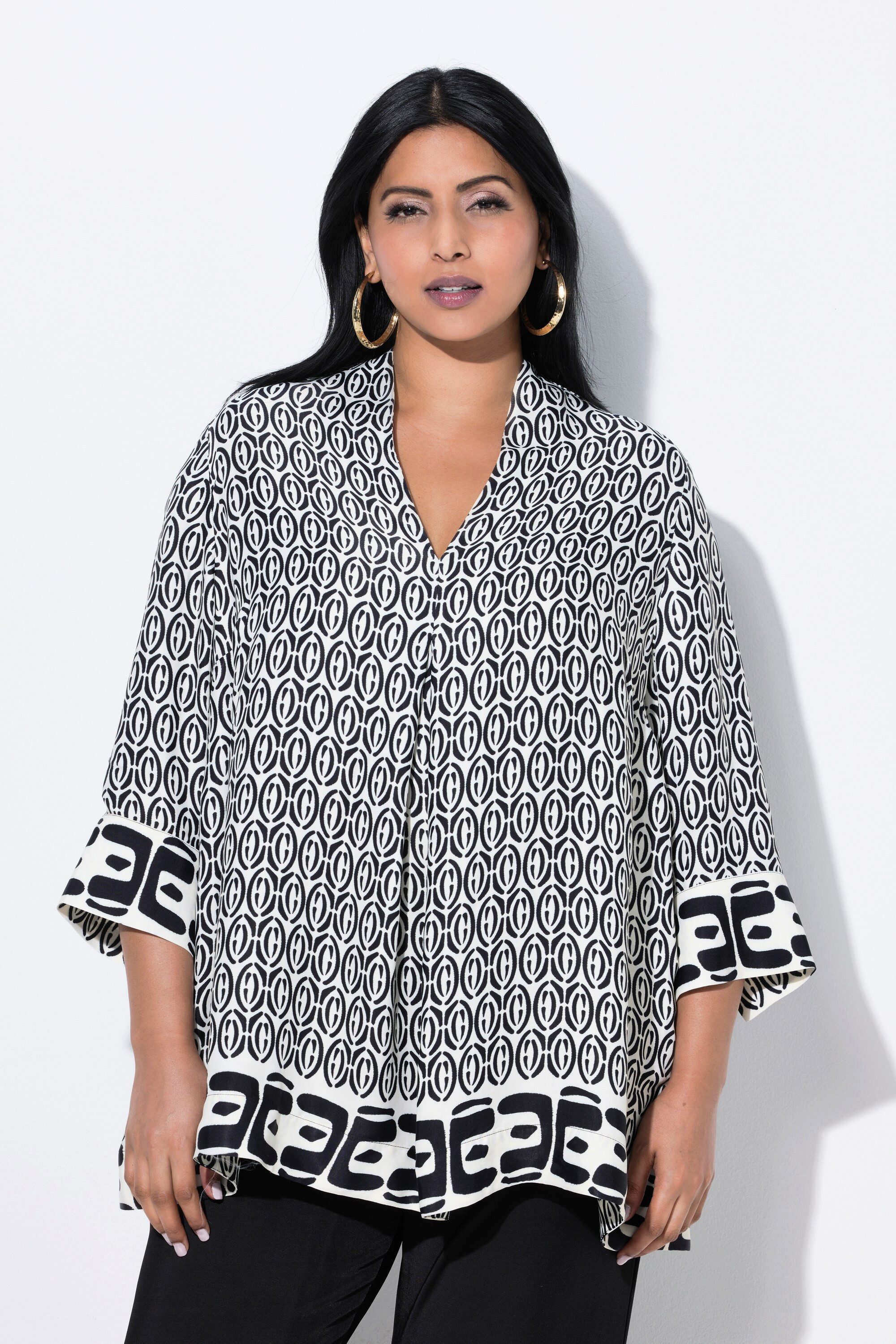 Ulla Popken Tunika Tunika A-Linie Kelchkragen V-Ausschnitt 3/4-Arm günstig online kaufen