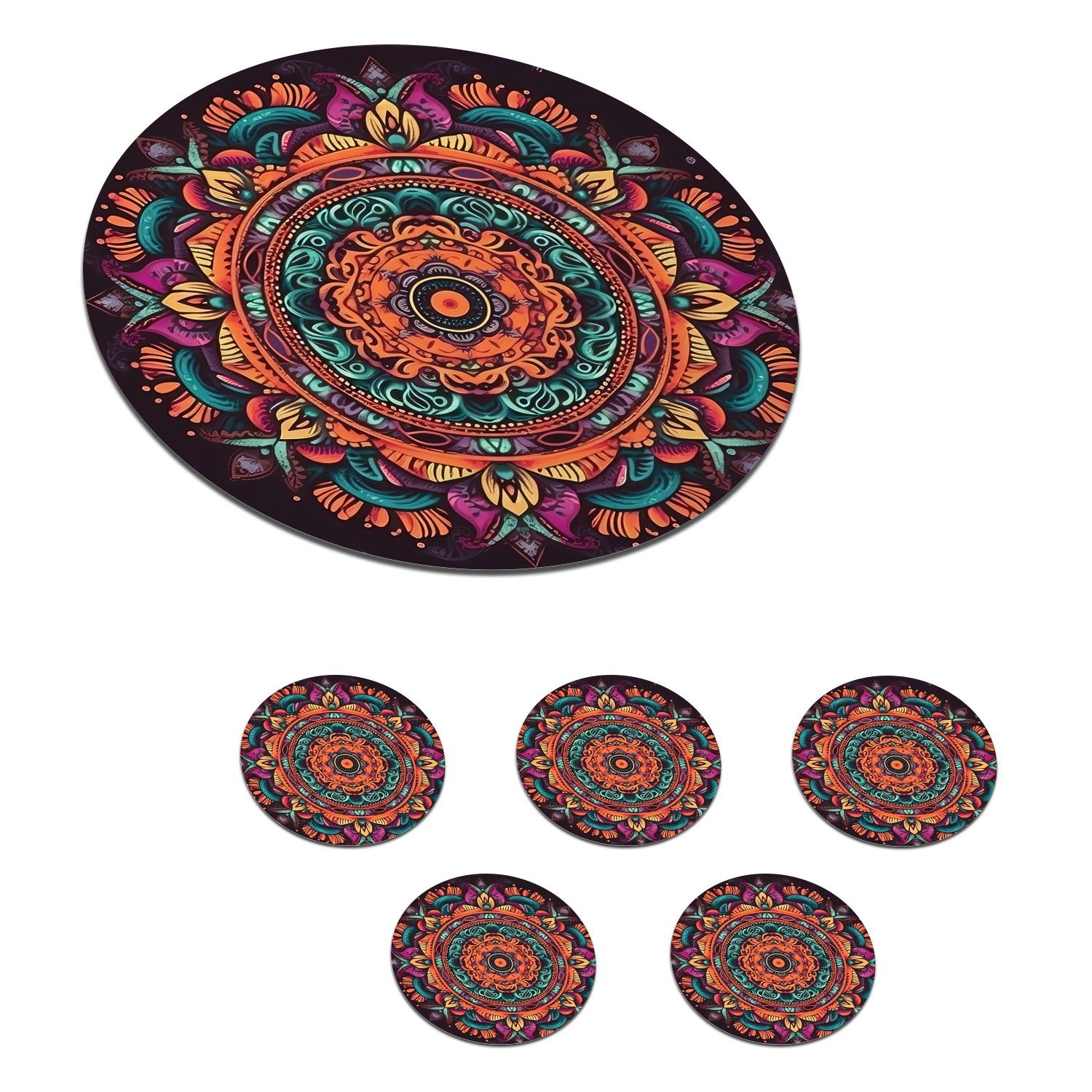 MuchoWow Glasuntersetzer Mandala - Blumen - Hippie - Boho - Orange, Zubehör für Gläser, 6-tlg., Getränkeuntersetzer, Tassenuntersetzer, Korkuntersetzer, Tasse, Becher