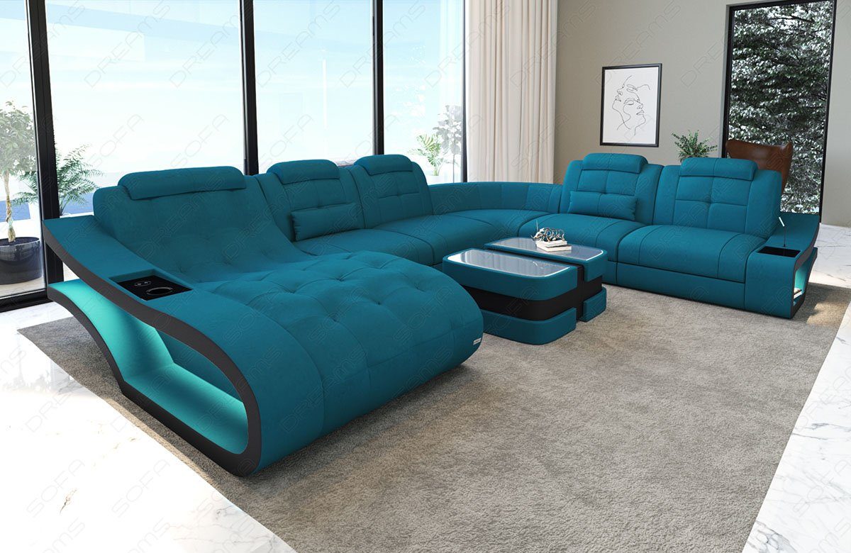 Stoffsofa mit Sofa XXL wahlweise Elegante Form Bettfunktion Wohnlandschaft M Polster azurblau-schwarz Couch, Sofa Stoff Dreams
