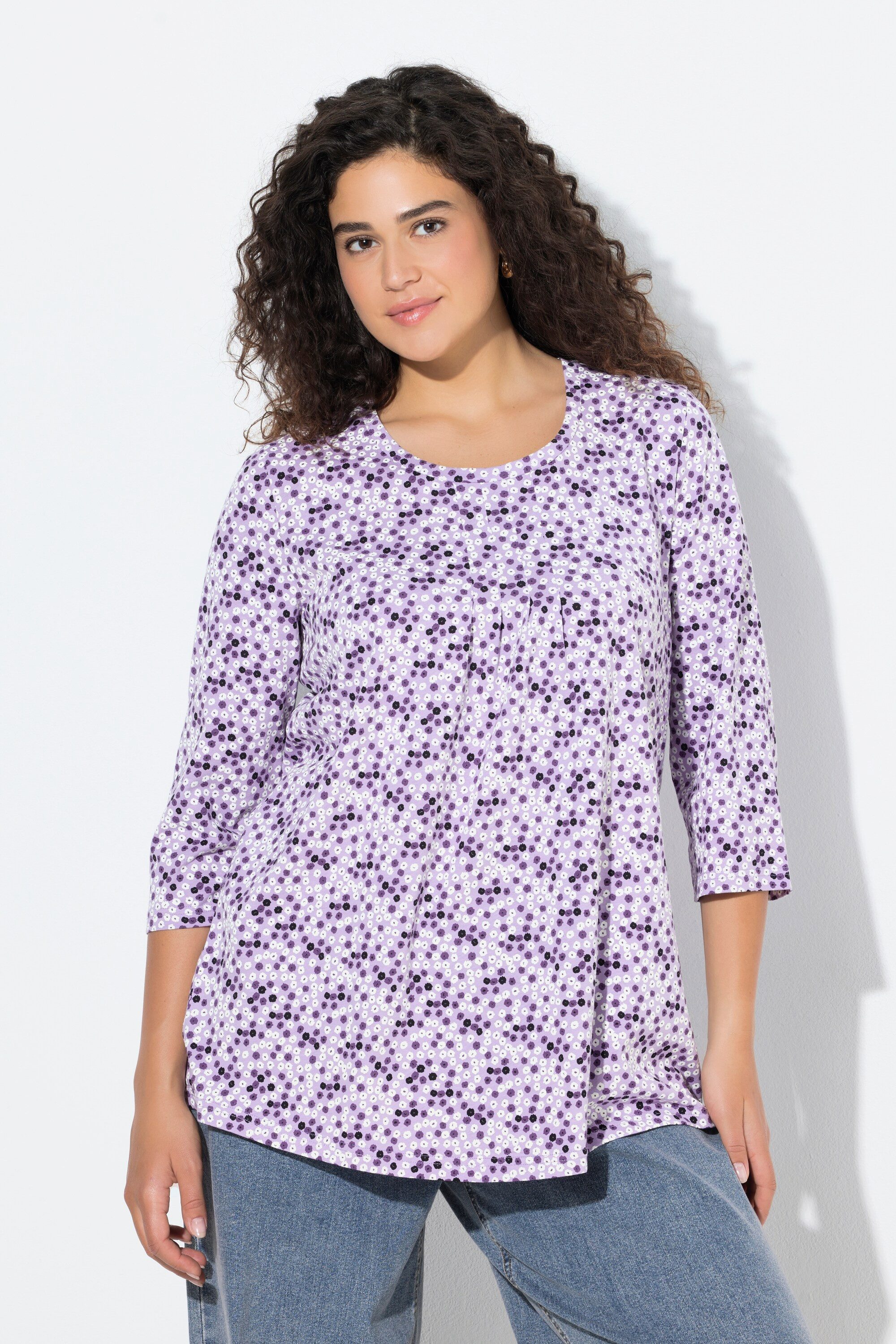 T-Shirt Shirt Blüten A-Linie Zierfalten Rundhals 3/4-Arm