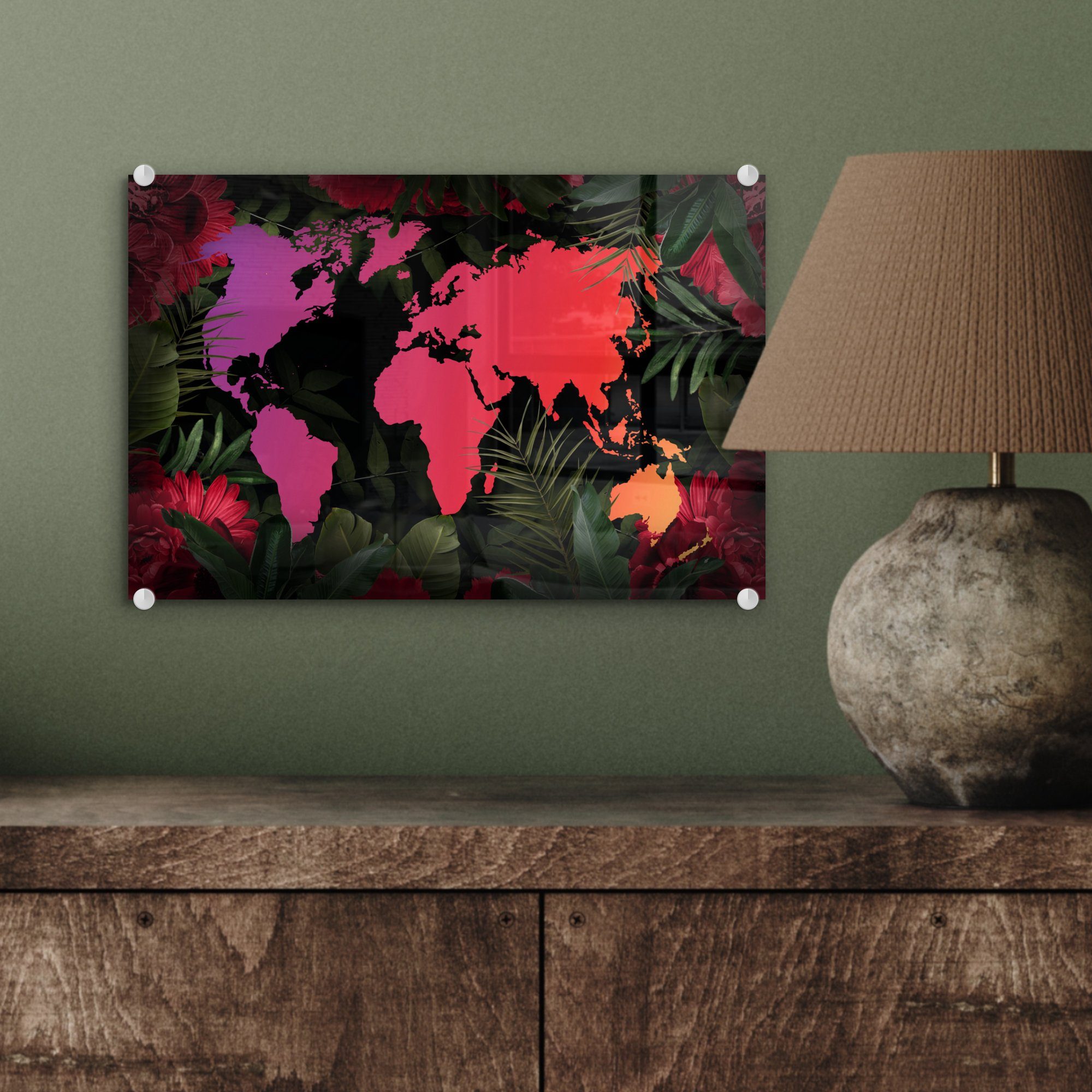 - Bilder auf Dschungel, - auf Wandbild Glasbilder - Acrylglasbild Glas MuchoWow Weltkarte - Wanddekoration Glas - St), Farben (1 Foto