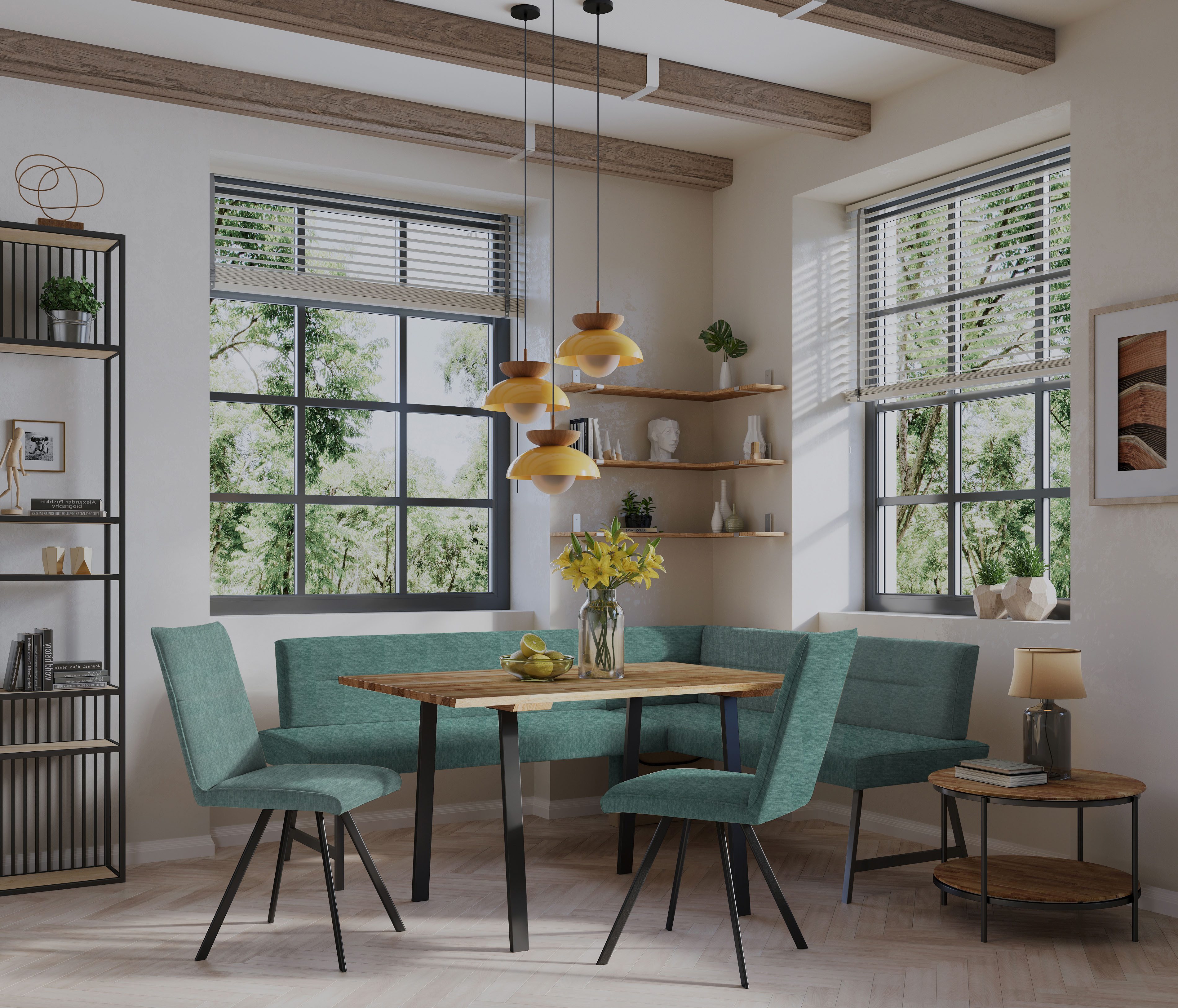 OTTO home Eckbankgruppe Sava, (Set, 4-tlg), Eckbank mit Wellenfederung im Sitz, Tisch Massiv Eiche