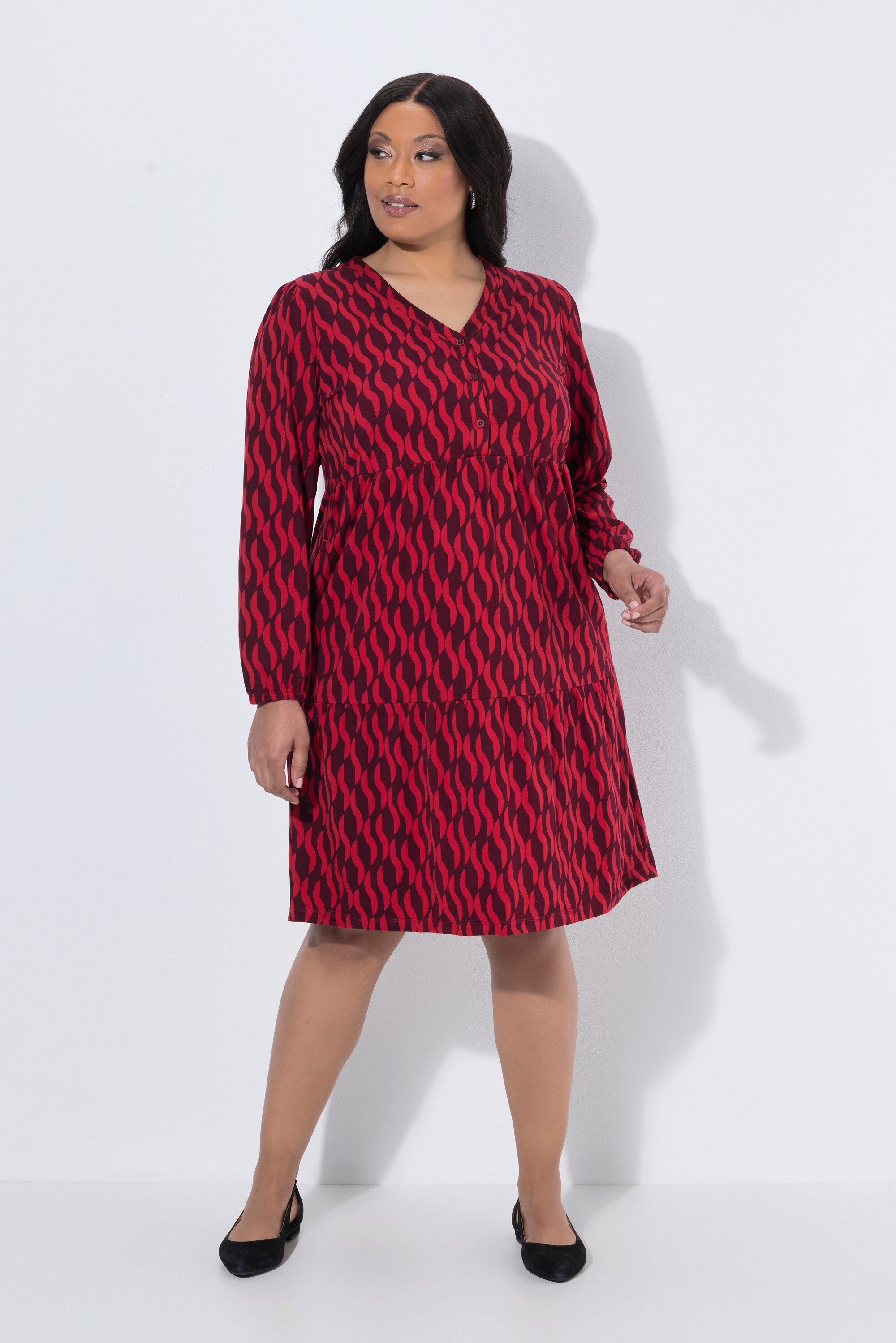 Ulla Popken Maxikleid Kleid gemustert A-Linie V-Ausschnitt Langarm