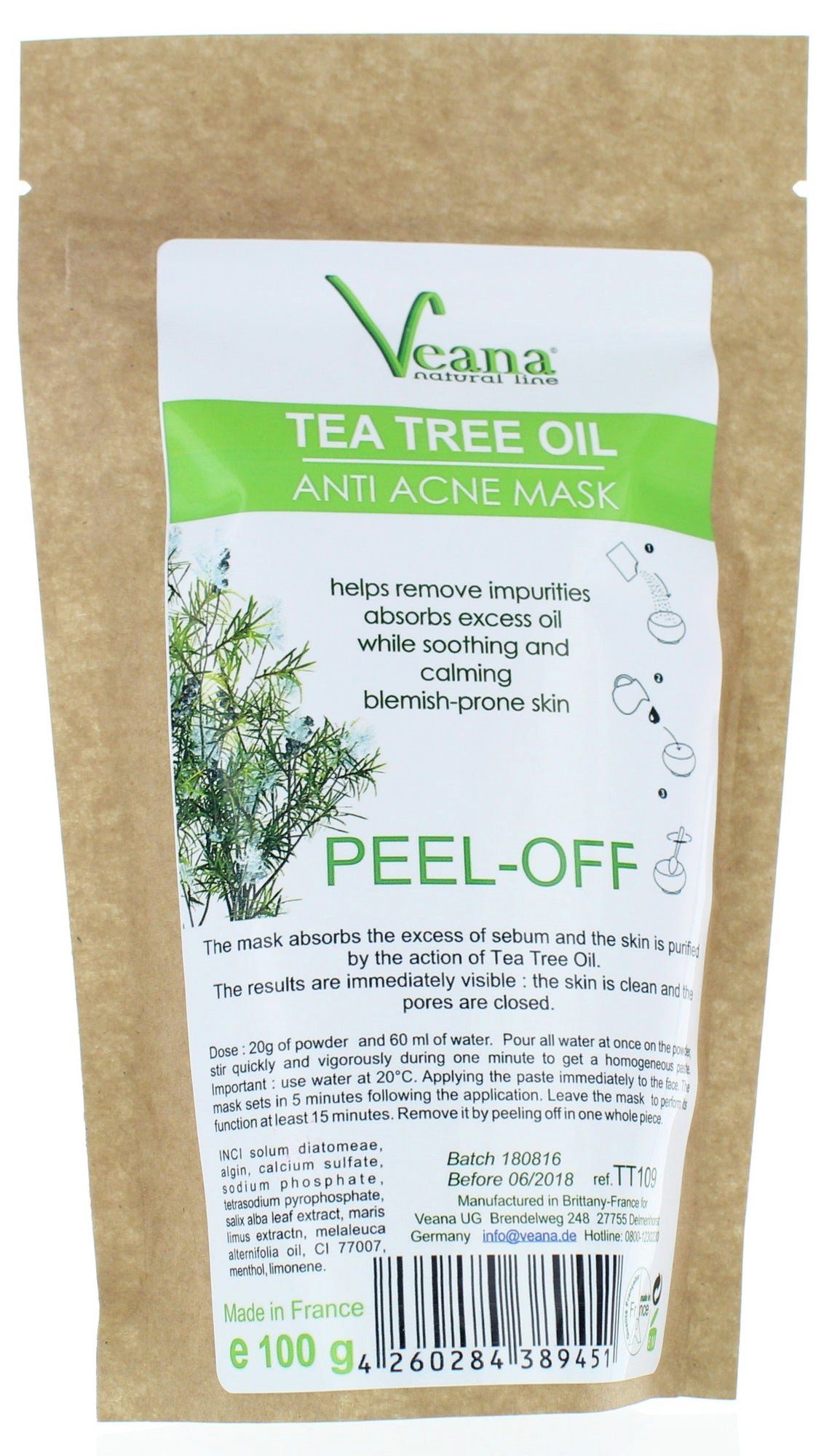 Veana Gesichtsmaske Anti Akne Teebaum Peel Off - Maske (100g), 100 g - 5 Anwendungen in wiederverschliessbarem Standbeutel. | Gesichtsmasken