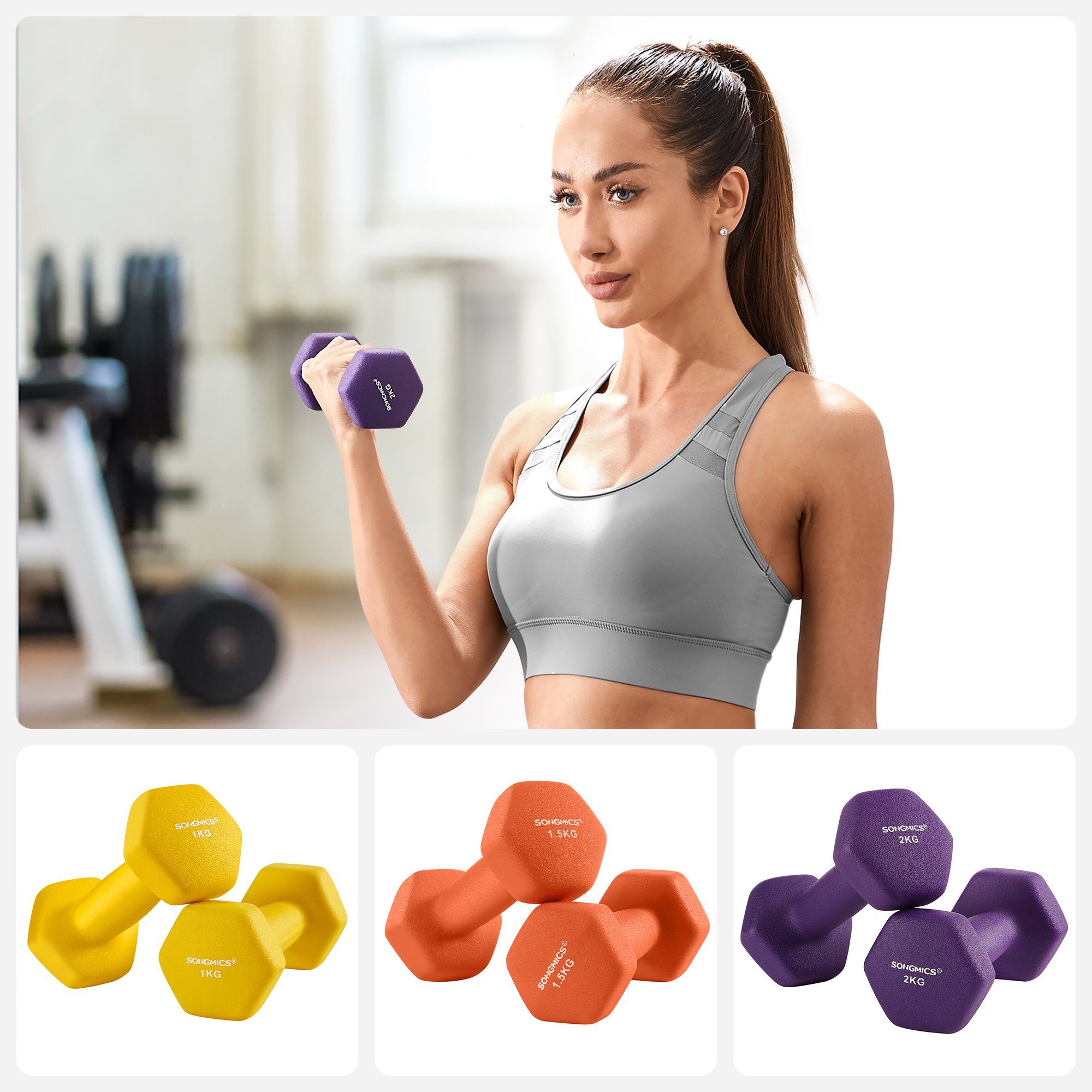 SONGMICS Hantel-Set 3 Paar, Aufbewahrung, Fitnessstudio, Krafttraining, rutschfeste Neopren-Beschichtung