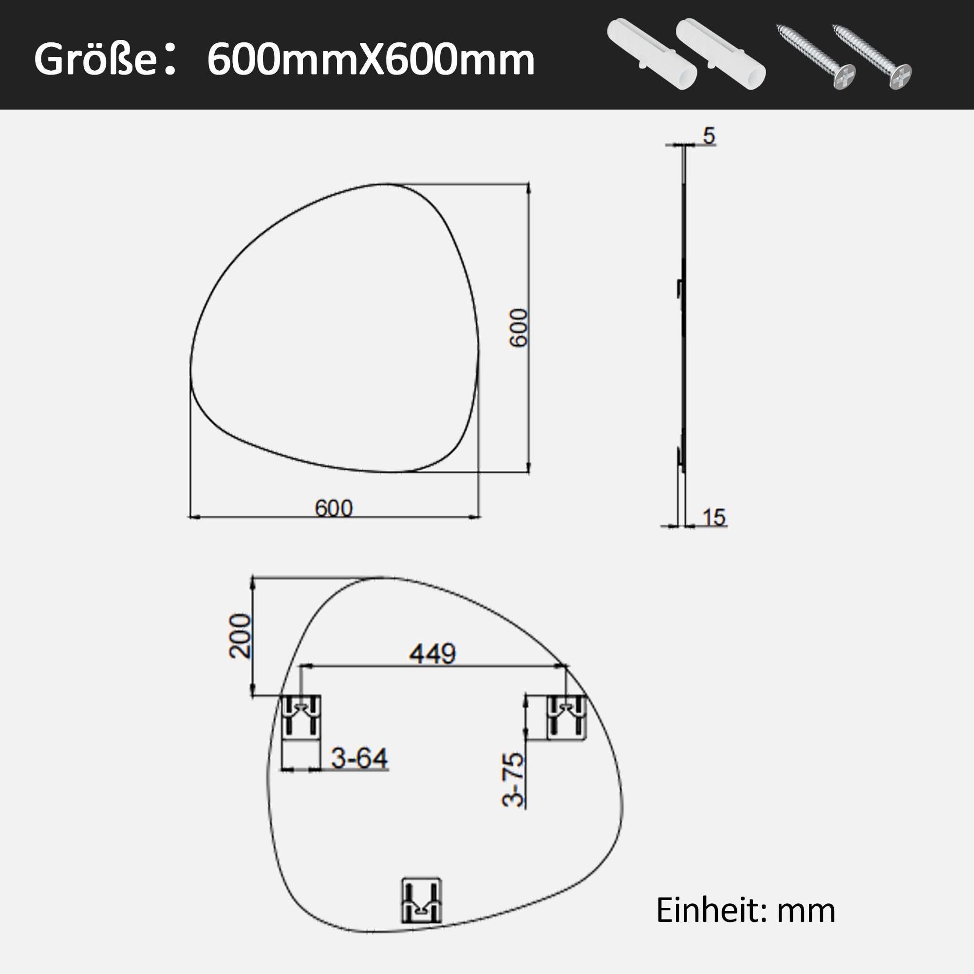 KreaGo Dekospiegel Rahmenlos 80x80 60x60cm Steinform Badspiegel Badezimmerspiegel (Wandspiegel Asymmetrisch, 5mm HD Glas), für Badezimmer Flur Schlafzimmer Wohnzimmer