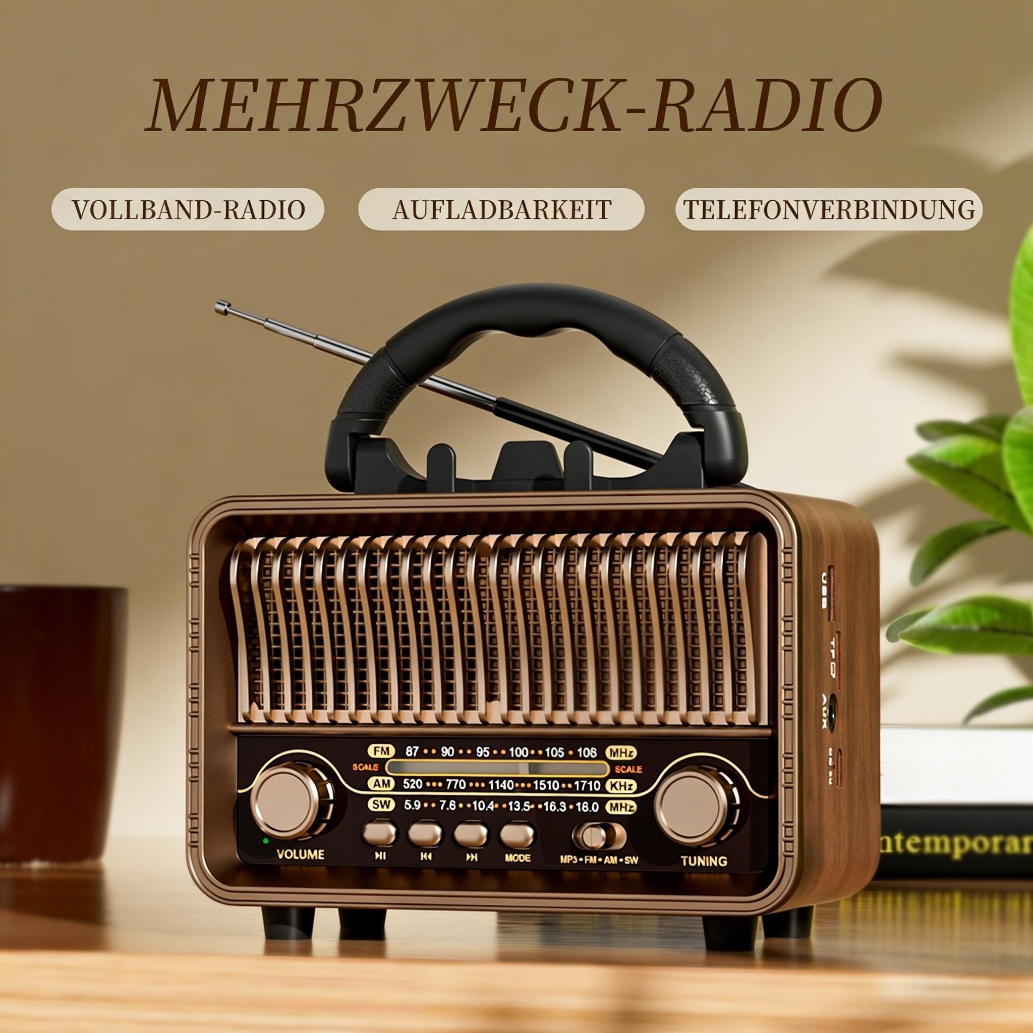 Toomoke Radio, Vintage AM/FM-Super-Weitband-Radio mit Bluetooth 5.4 Radio (Tragbares 5-in-1 Bluetooth-Lautsprecher-Radio)