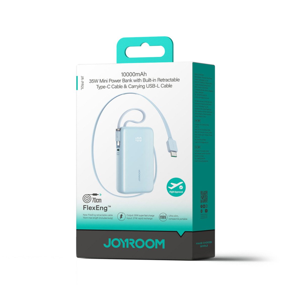 JOYROOM JR-PR2L Powerbank 10000 mAh (5, 9, 12, 10, 15, 20 V), 35W Schnellladung mit einziehbaren integrierten Kabeln