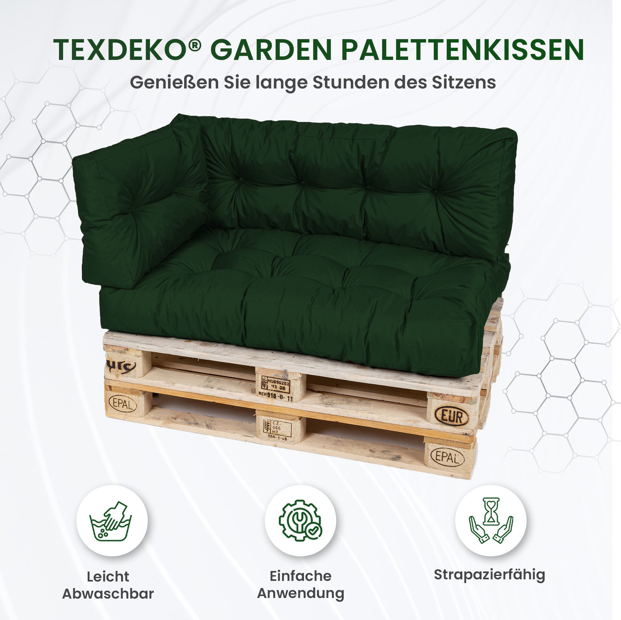 TexDeko Palettenkissen TexDeko Garden 5-TLG Palettenkissen-Set wasserabweisend gesteppt, 2x Palettenkissen + 2x Rückenkissen + 1x Seitenkissen