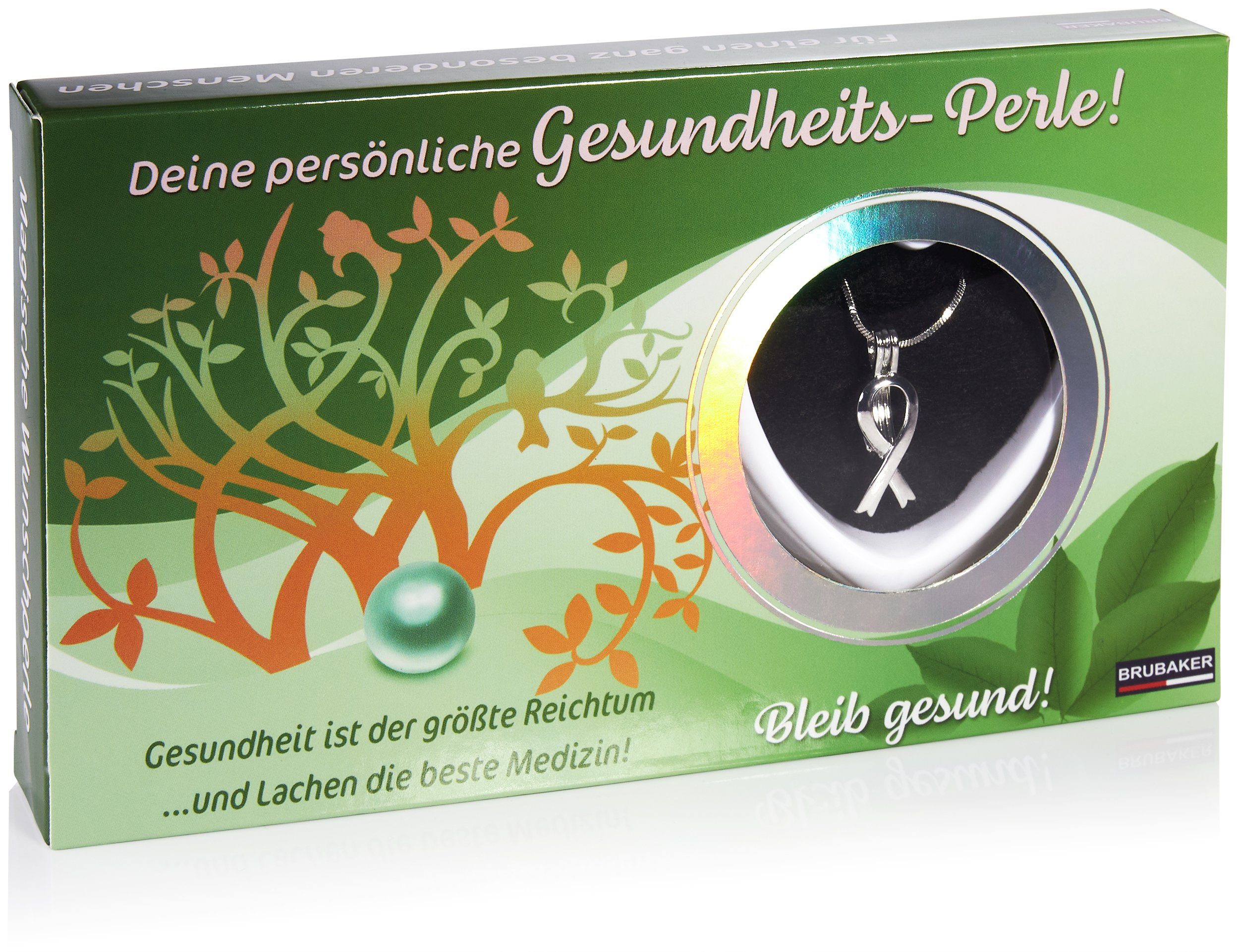 BRUBAKER Perlenketten-Set Gesundheits-Wunschperle Alles Gute! (4-tlg., Geschenkset mit Silberkette und Muschel), Schleifen-Anhänger Halskette - echter Perle - Symbol für Solidarität