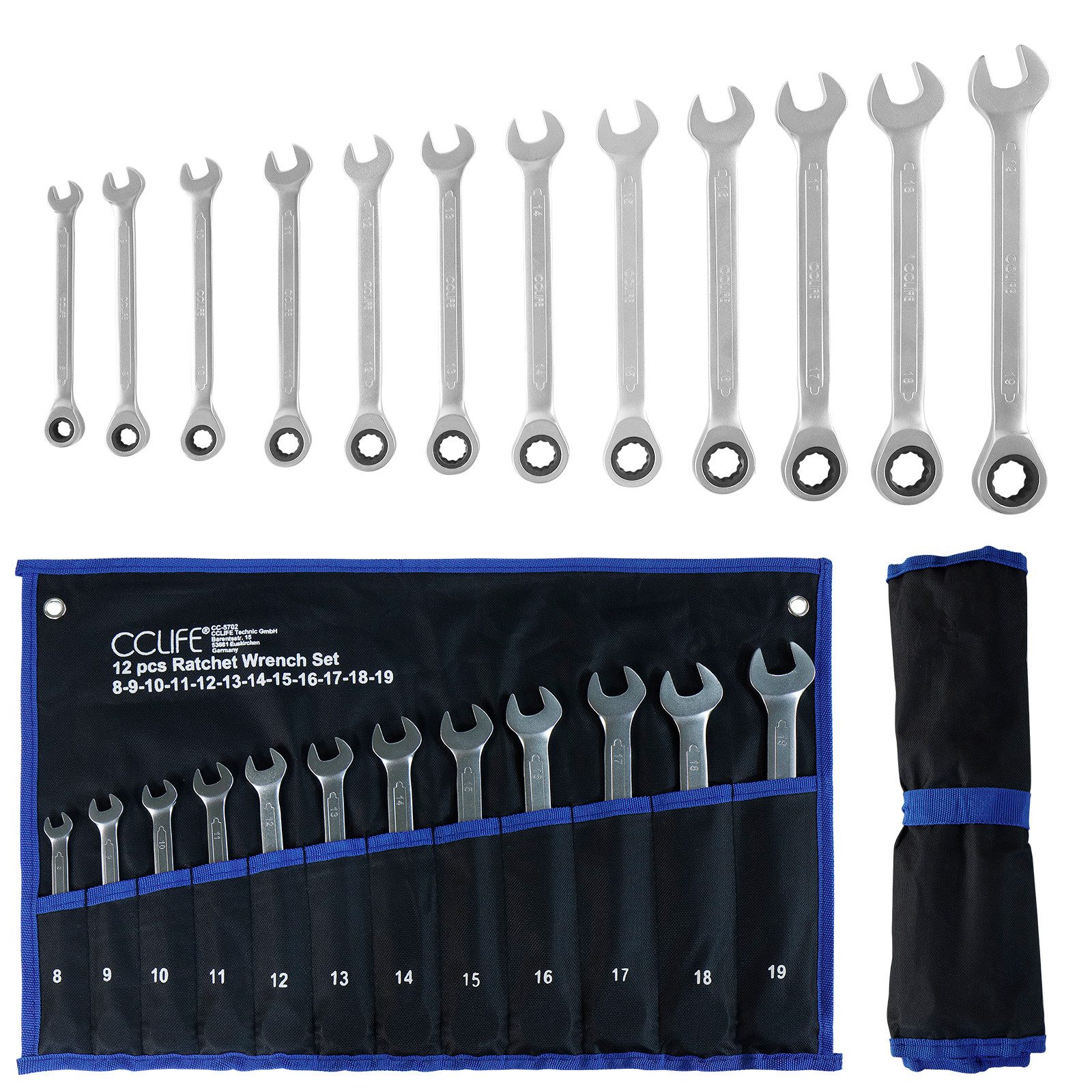 CCLIFE Ratschenringschlüssel 12tlg Gelenk Ratschenschlüssel Set 8-19mm Ring-Maulschlüsset (12 St)