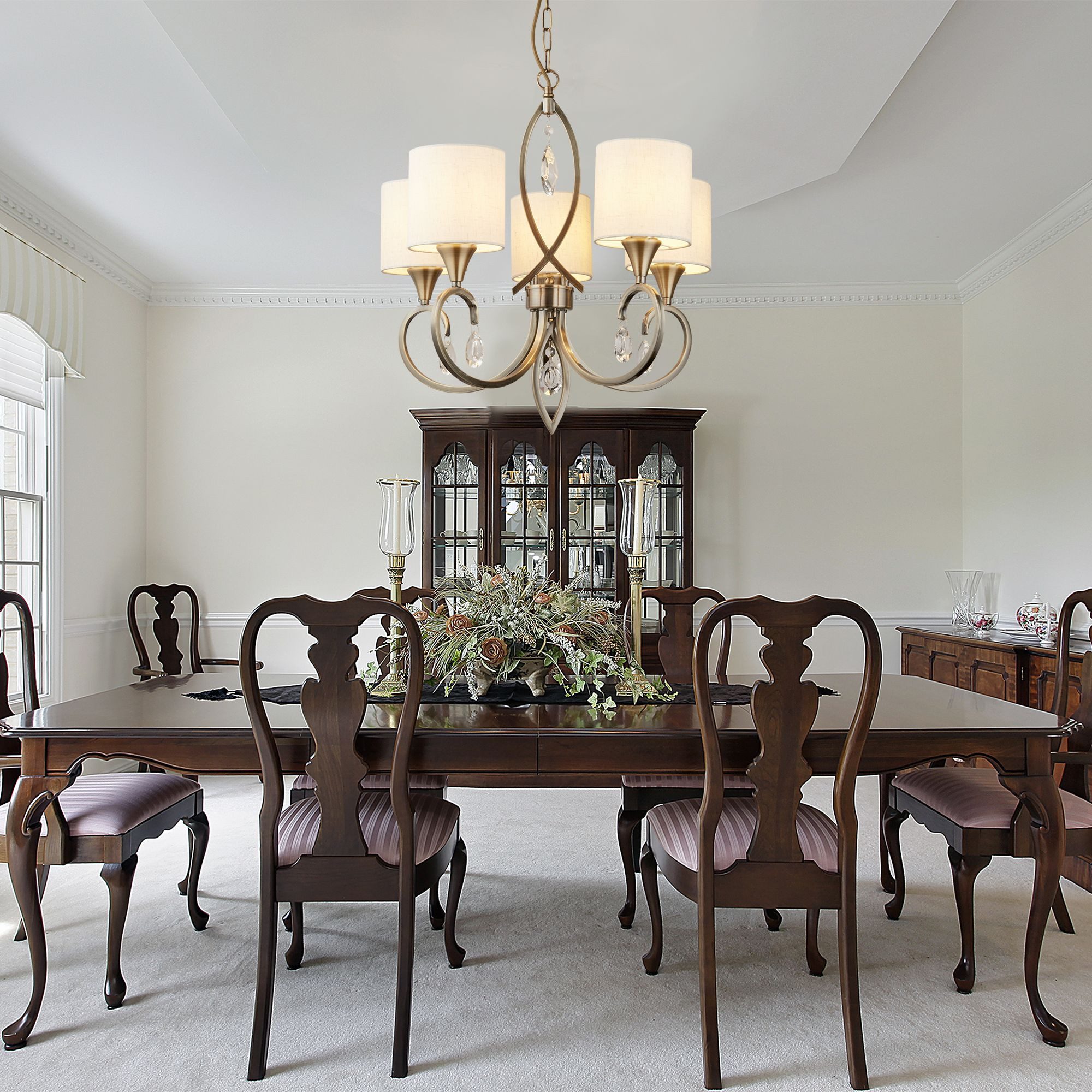 Searchlight Kronleuchter Alberto 5Lt Pendant - Antique Brass, Crystal & Lin günstig online kaufen