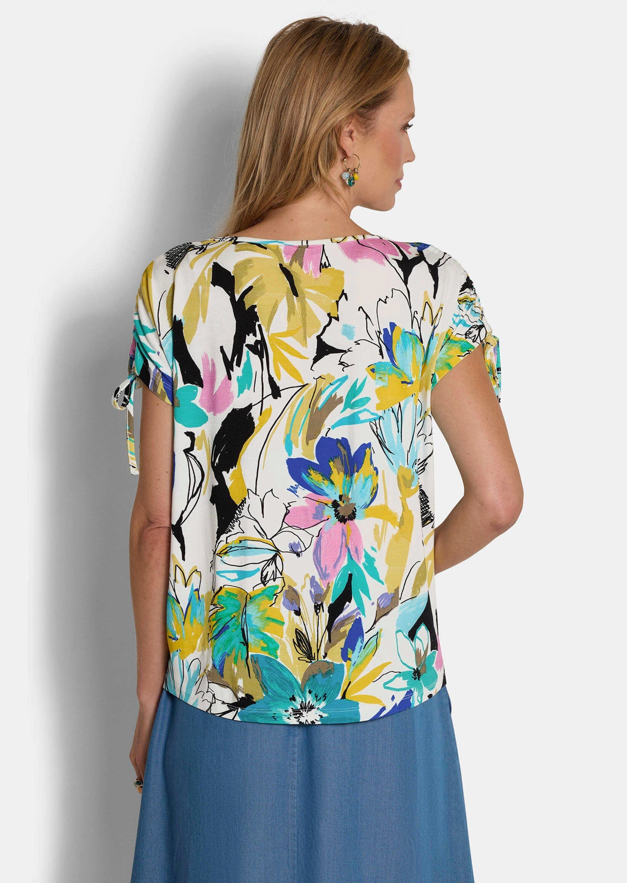 GOLDNER Print-Shirt Jerseyshirt mit floralem Design Cityshirt mit U-Boot-Ausschnitt, Kordelzug und Viertelarm