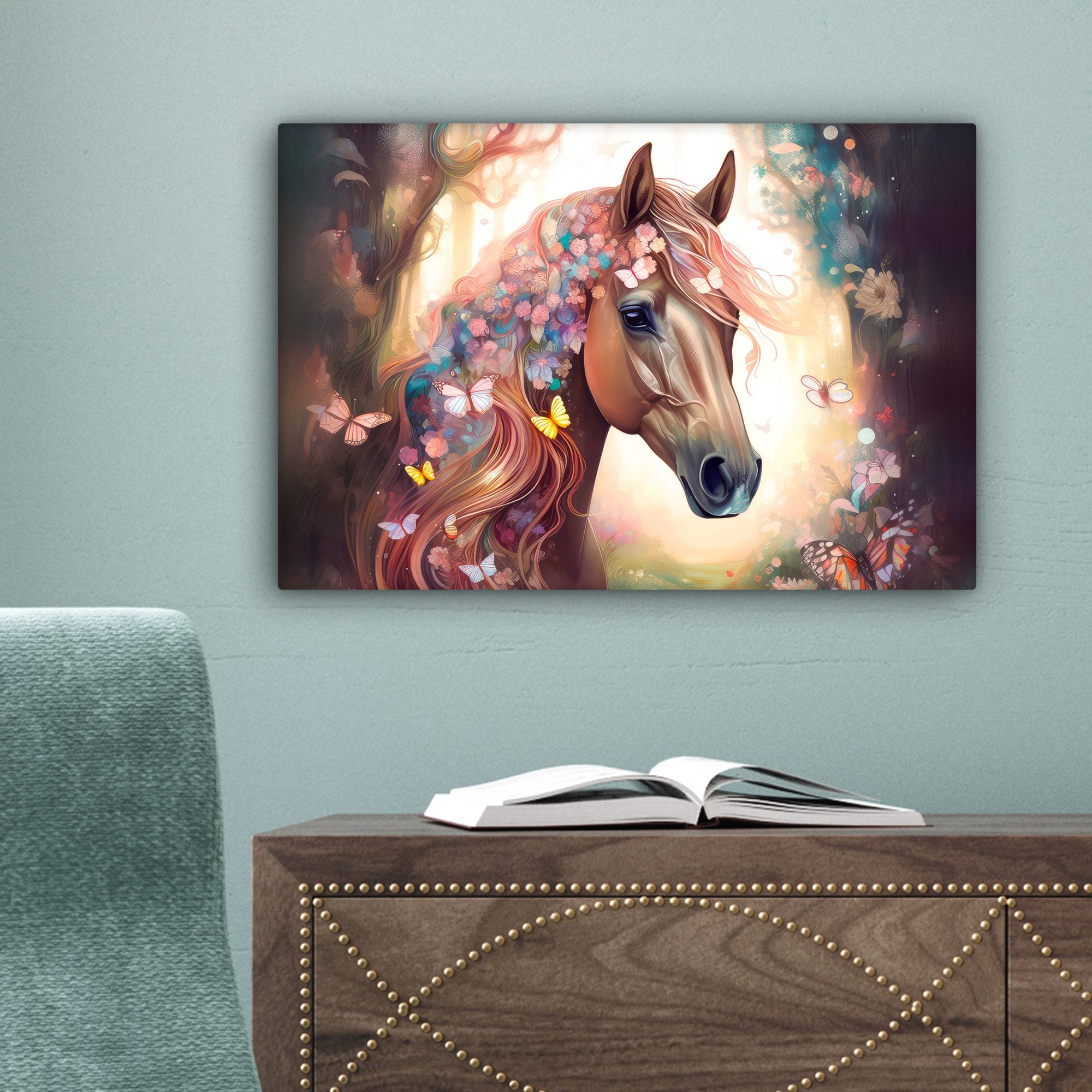 OneMillionCanvasses® Leinwandbild Pferd - Natur - Blumen - Schmetterlinge - Wald, Fotodruck (1 St), Leinwand Bilder Klein, Wand Dekoration Aesthetic 30x20 cm – Bild 3 von 5