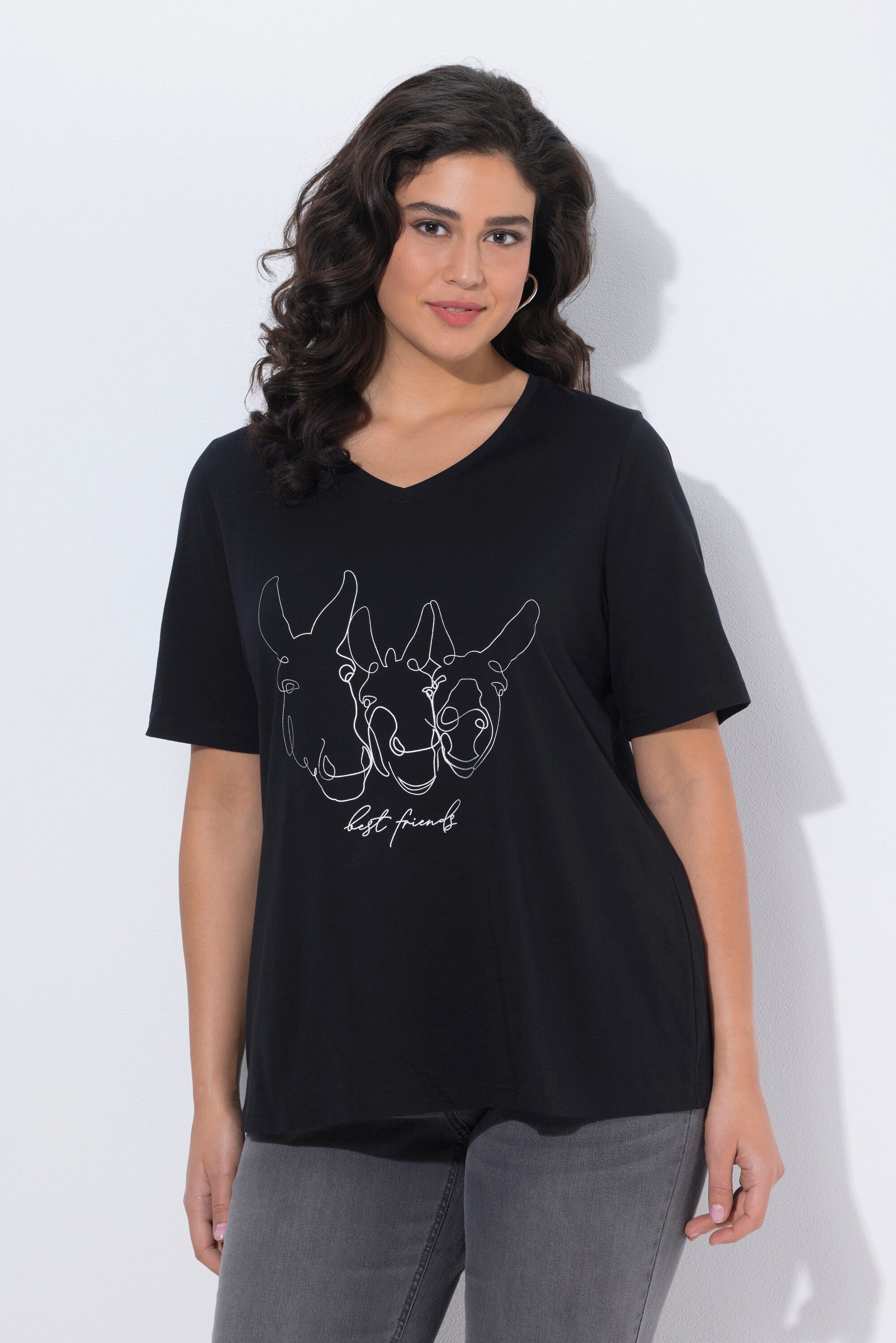 Ulla Popken T-Shirt T-Shirt Tiermotiv Classic V-Ausschnitt Halbarm