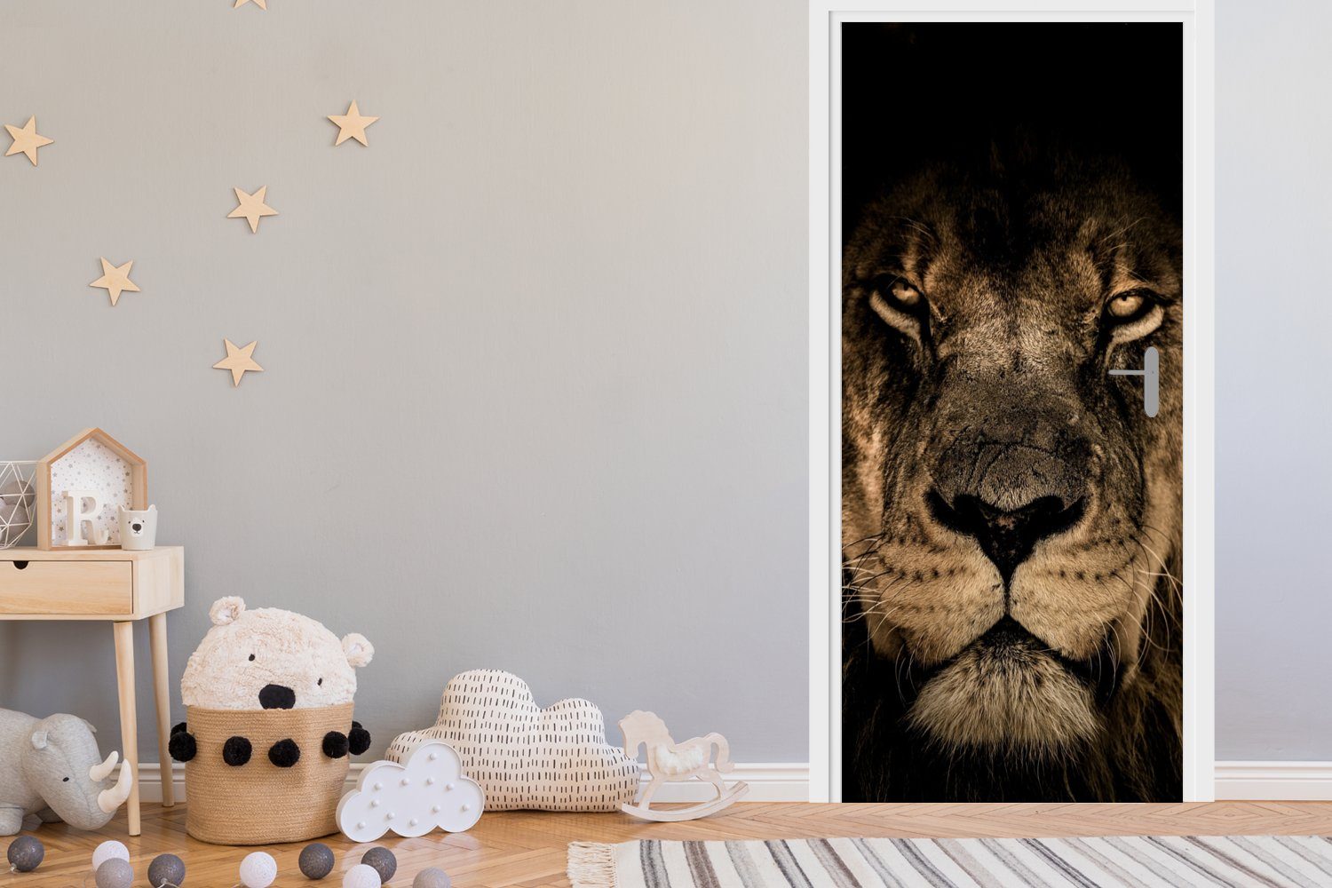 MuchoWow Türtapete Löwe - Tiere - Schwarz - Porträt, Matt, bedruckt, (1 St), Selbstklebende Tapete, Folie für Möbel, 75x205 cm