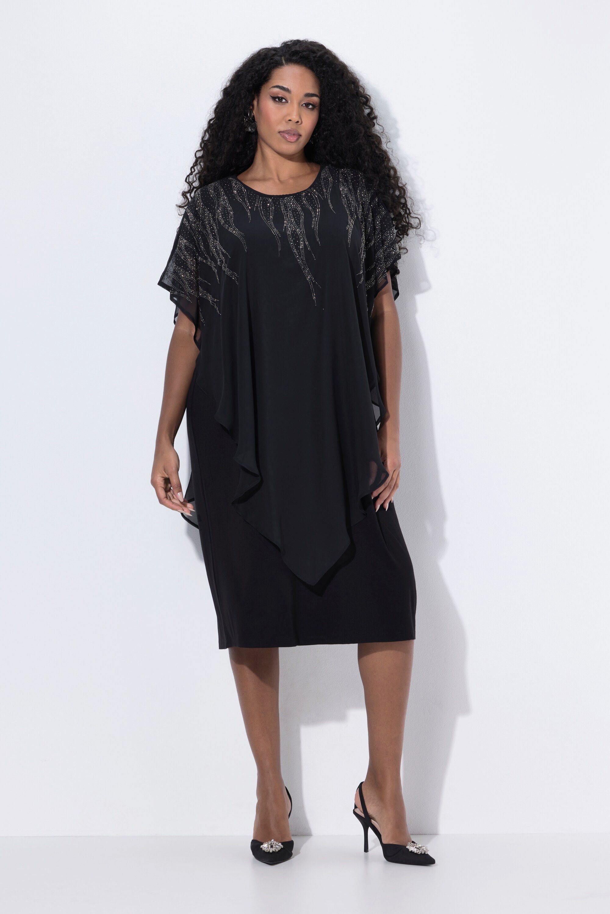 Ulla Popken Cocktailkleid Chiffon-Midikleid doppellagig Rundhals günstig online kaufen