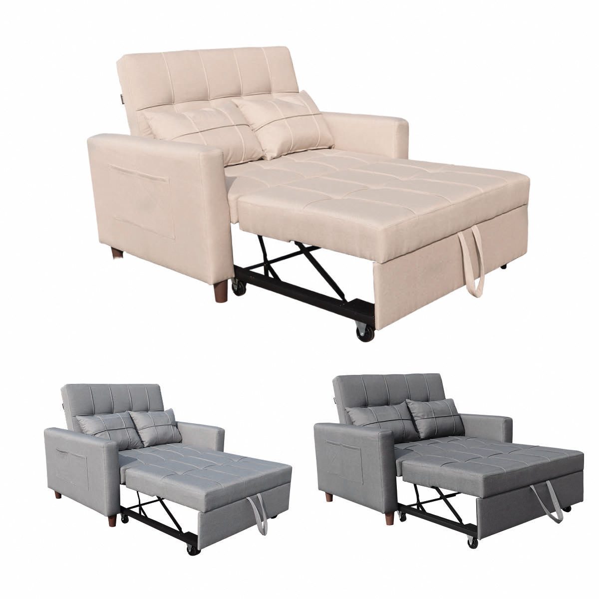 AMBINESS Schlafsofa 3in1, Einsitzer oder Zweisitzer, Sofa, Chaise Longue und Gästebett, 3 Farben, Liegefläche 200cm, 220g/m² Leinenstoff