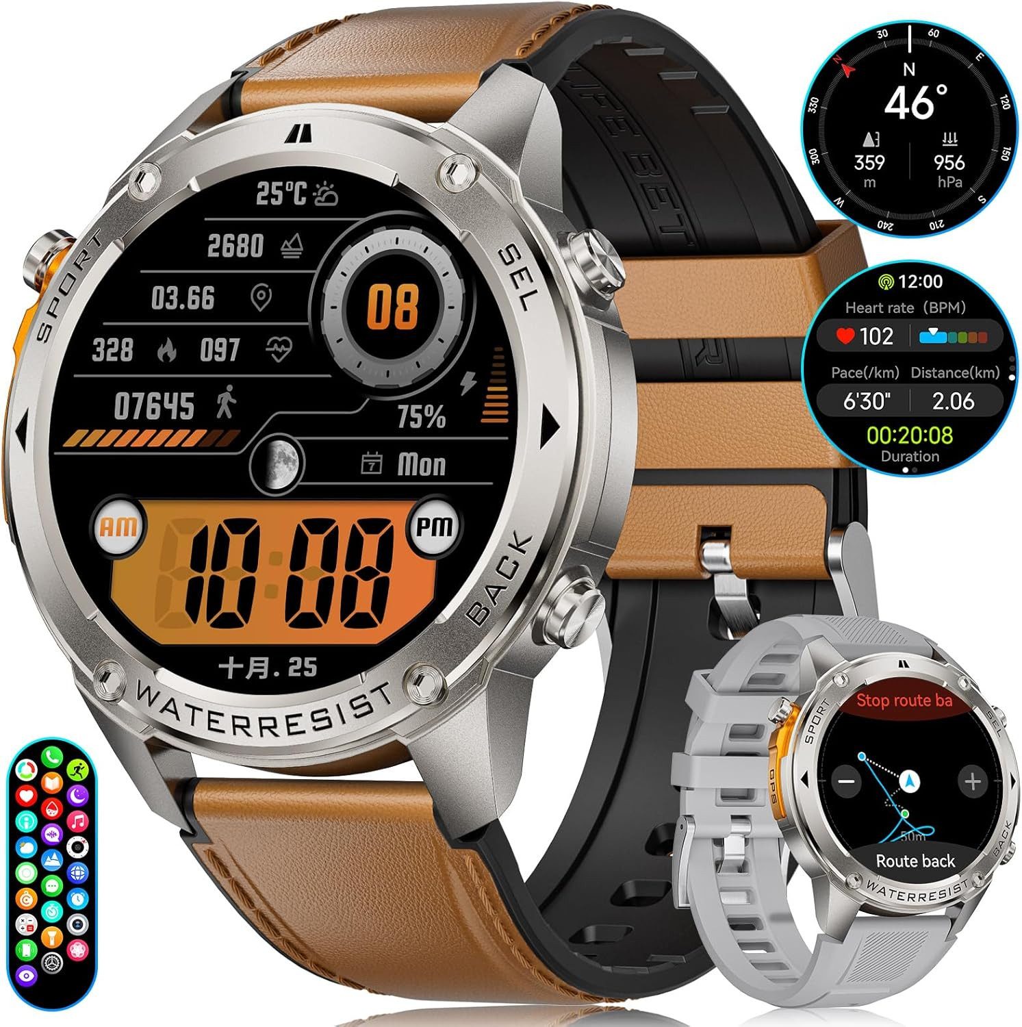 ESFOE DM2-D Smartwatch (3,6 cm, android ios), Herren Military GPS Smartwatch mit AMOLED Display